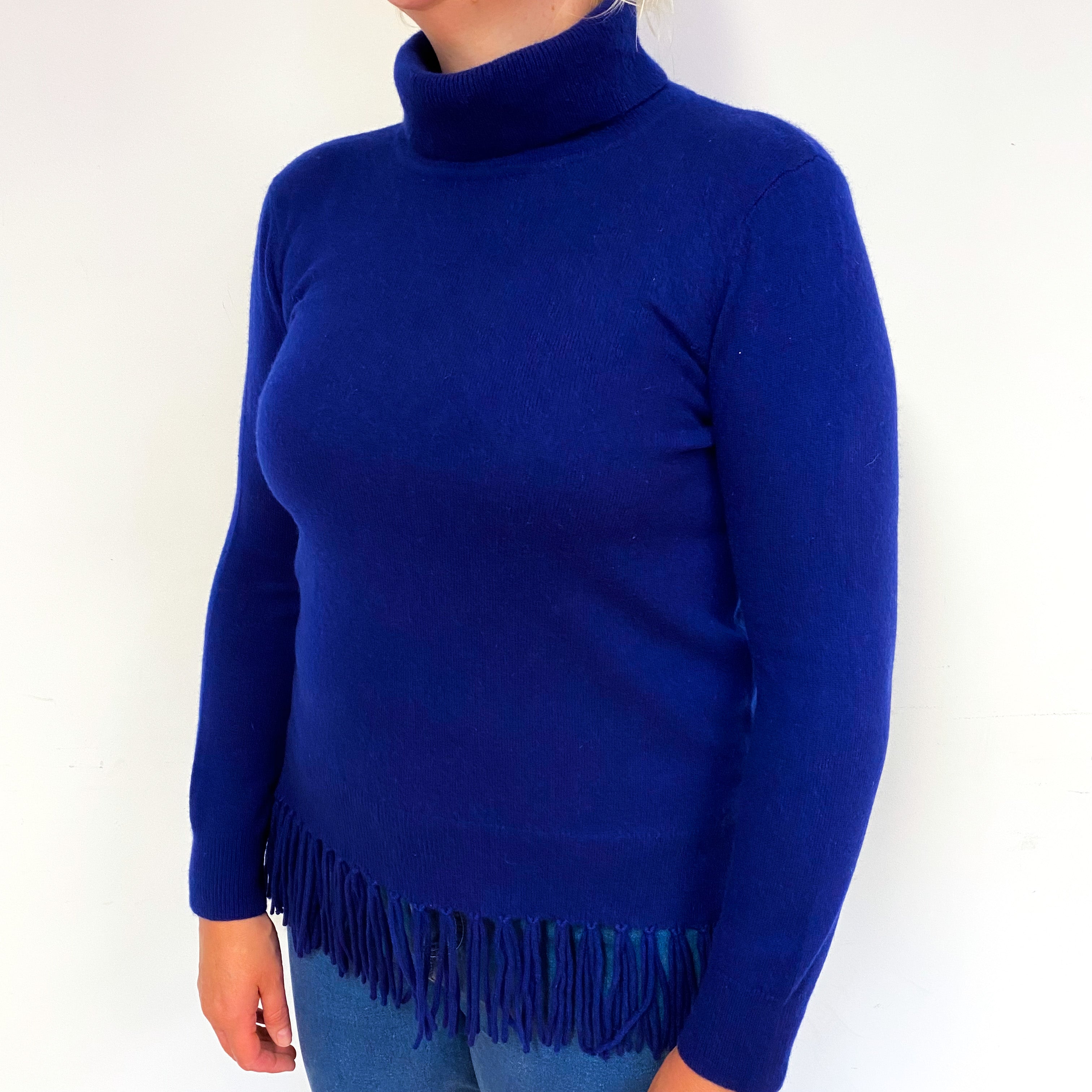Indigo Blue Tassel Hem Cashmere Polo Neck Jumper Large