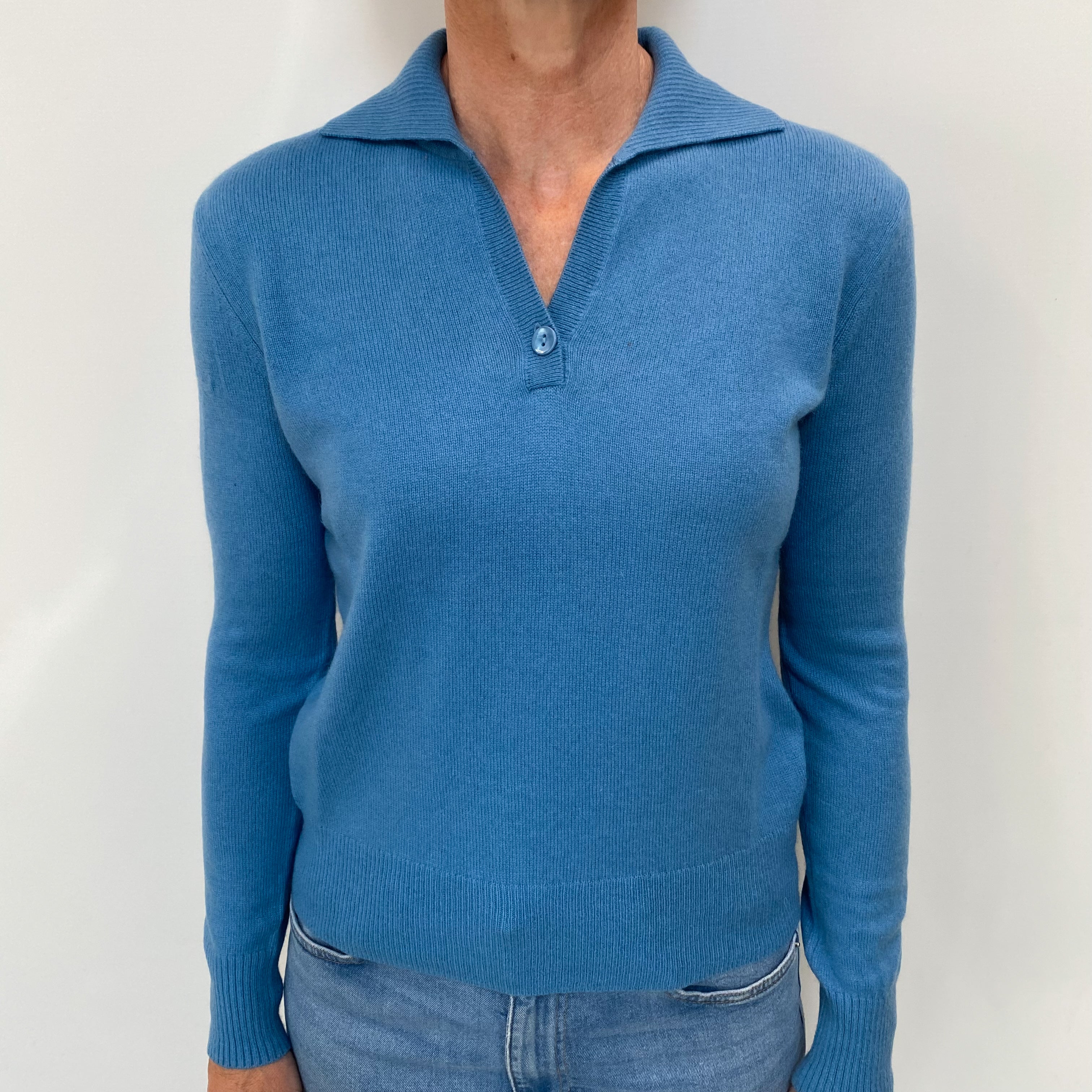 Dusky Blue Cashmere Collared V Neck Jumper Small