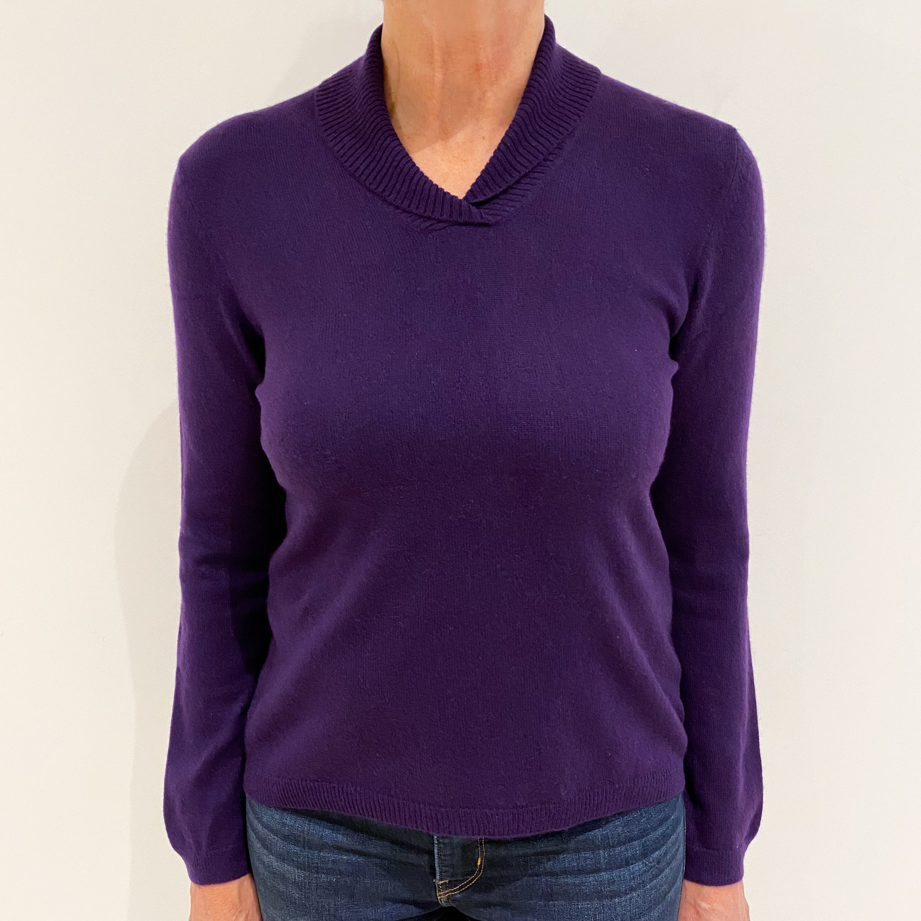 Iris Purple Cashmere Shawl Collar Jumper Medium