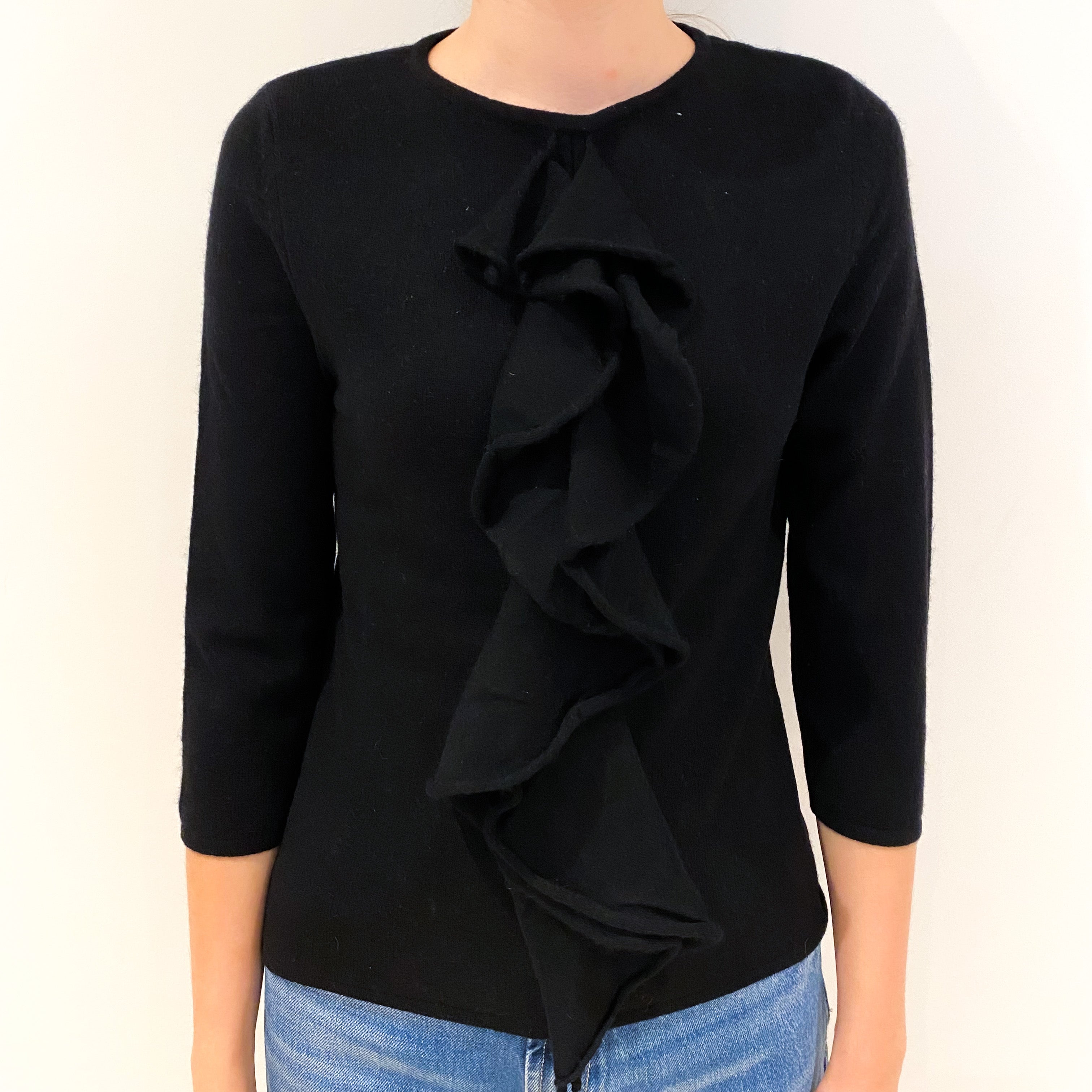 Black Ruffle Front Cashmere Crew Neck Jumper Extra Small