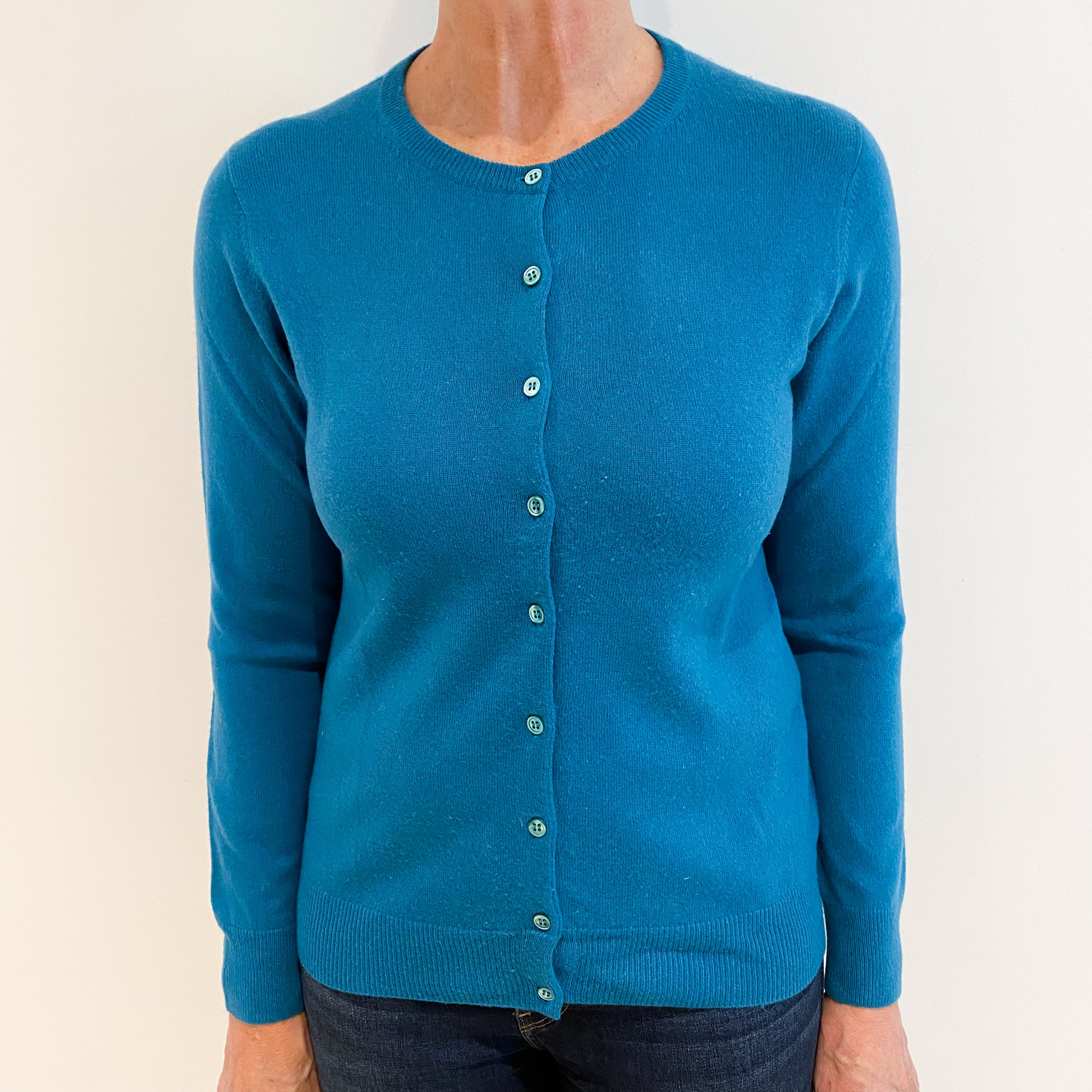 Teal Green Cashmere Crew Neck Cardigan Medium