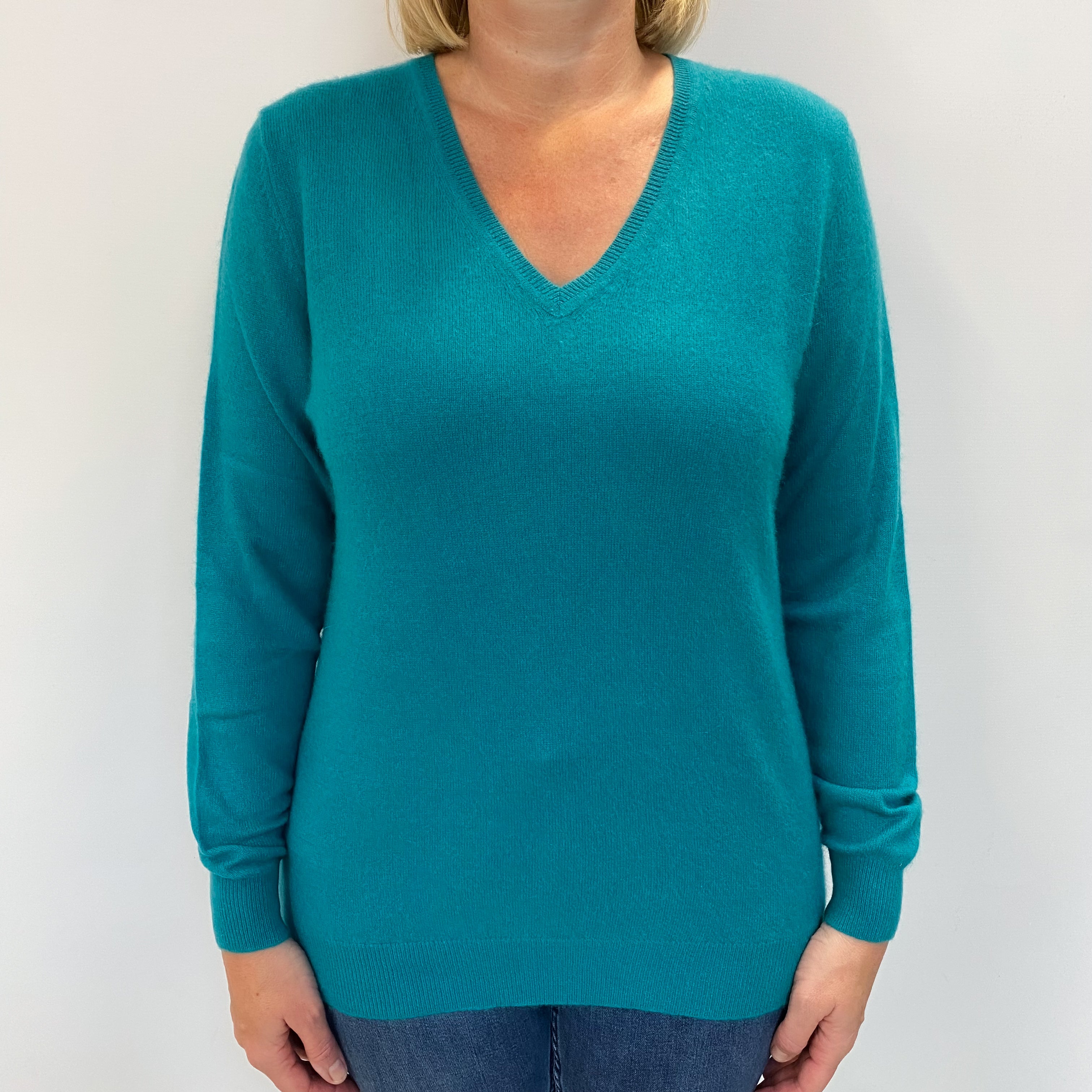 Turquoise Green Cashmere V Neck Jumper Large