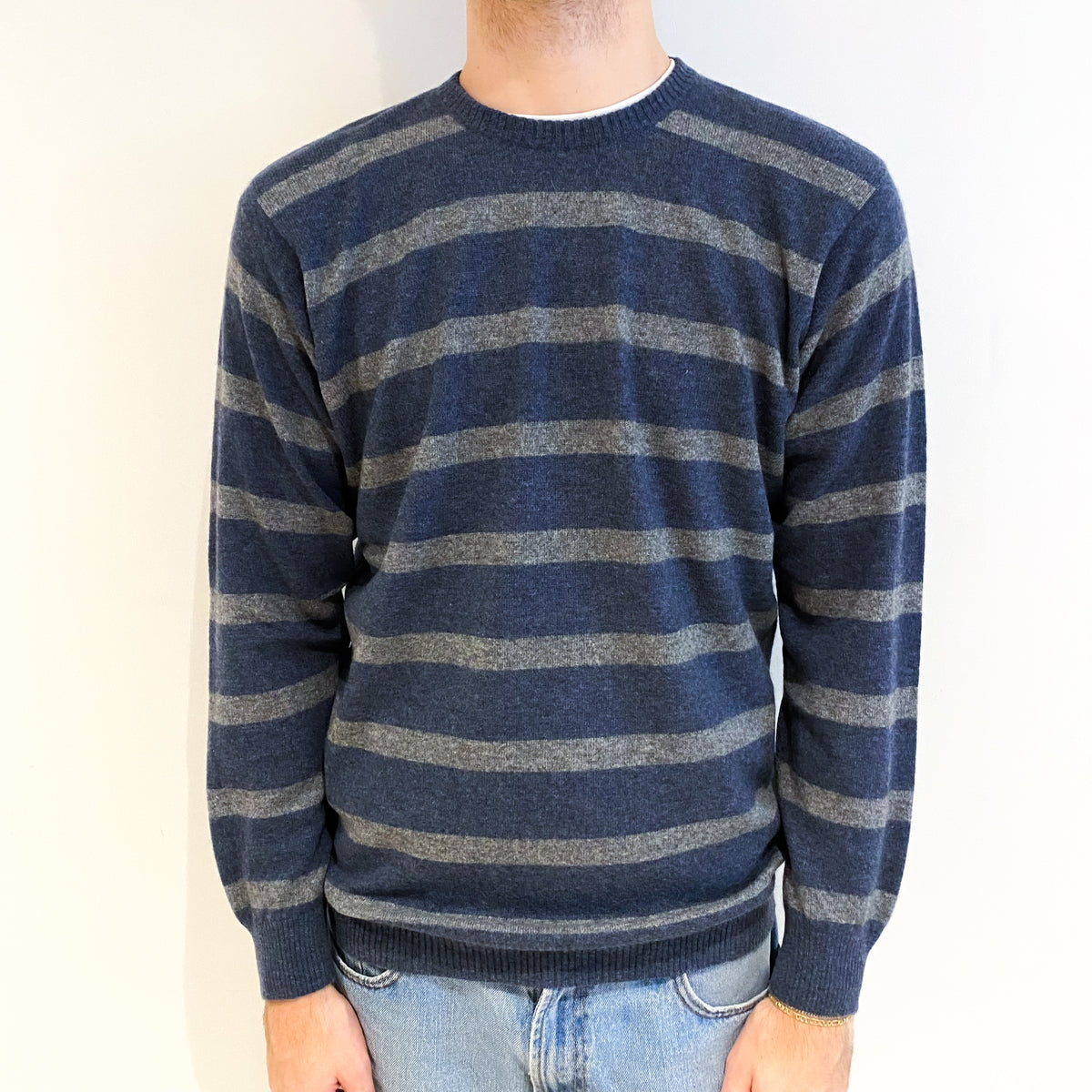 Men's Denim Blue And Grey Stripe Cashmere Crew Neck Jumper Large