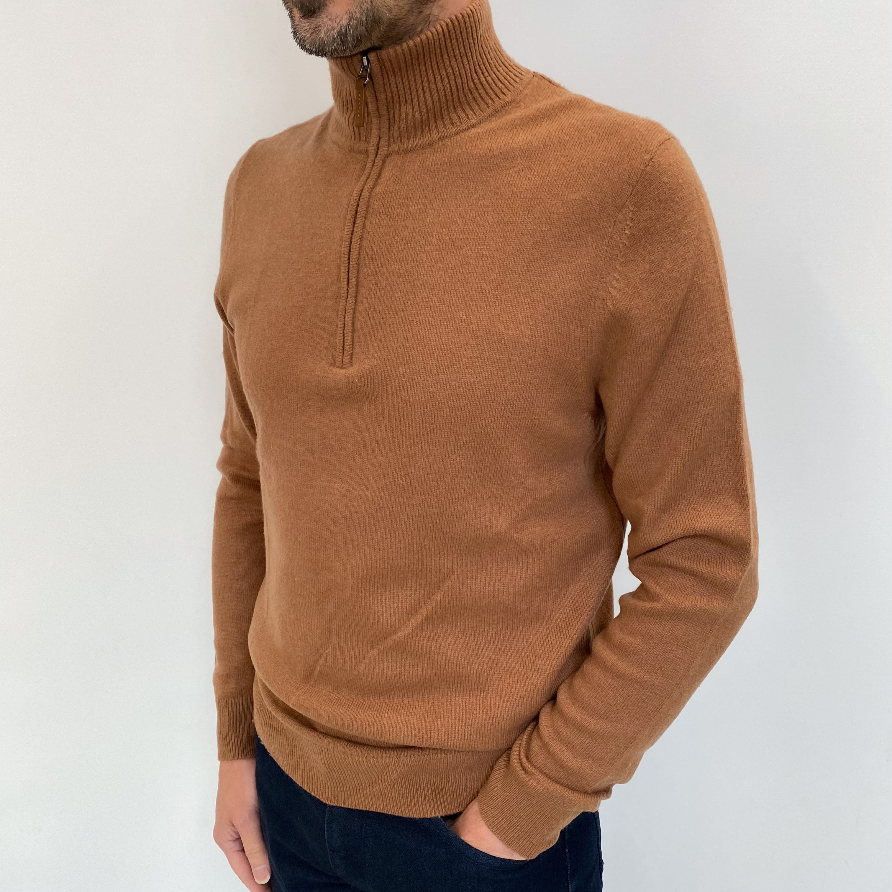 Men's Cinnamon Brown Cashmere 1/4 Zip Neck Jumper Small