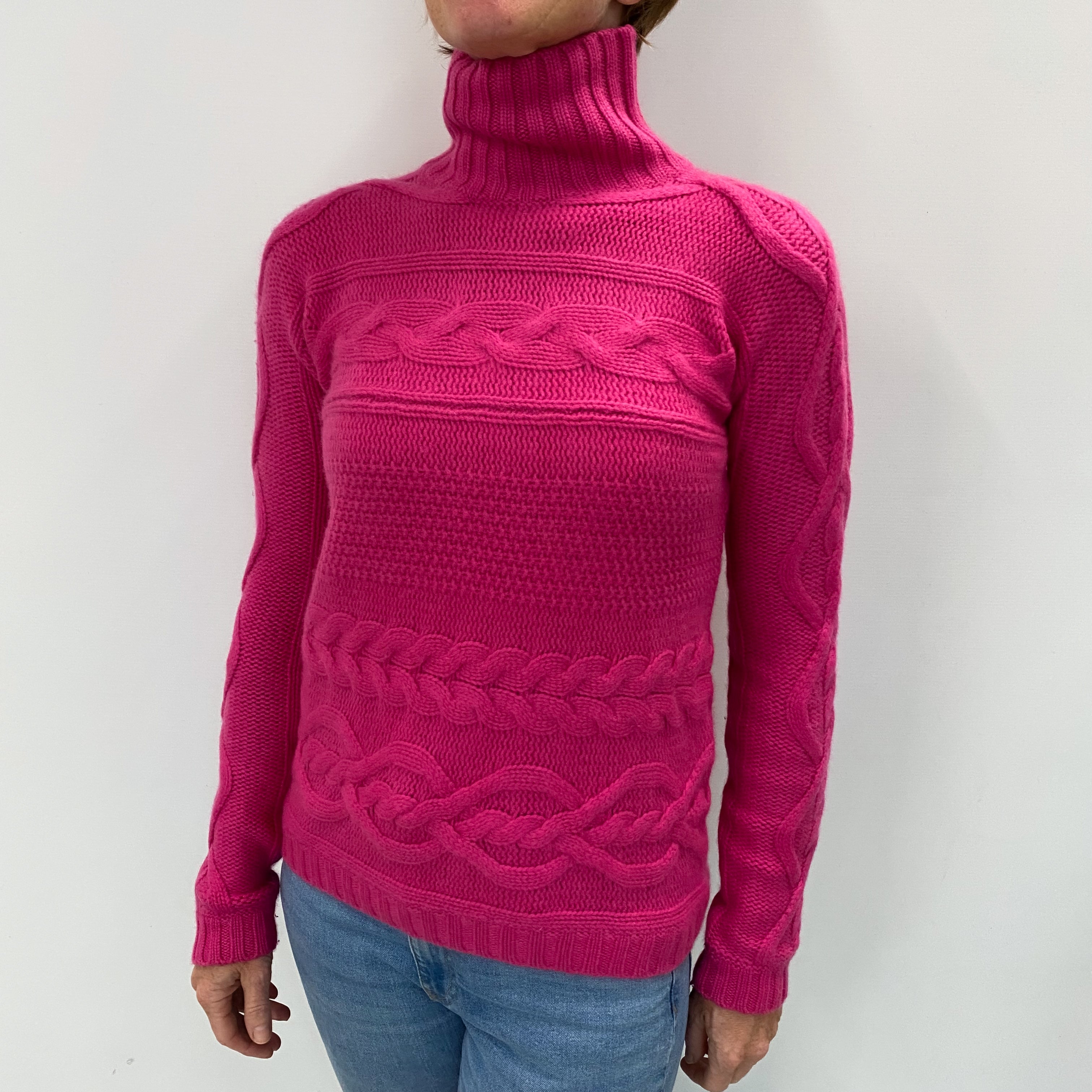 Hot Pink Cashmere Chunky Polo Neck Jumper Small