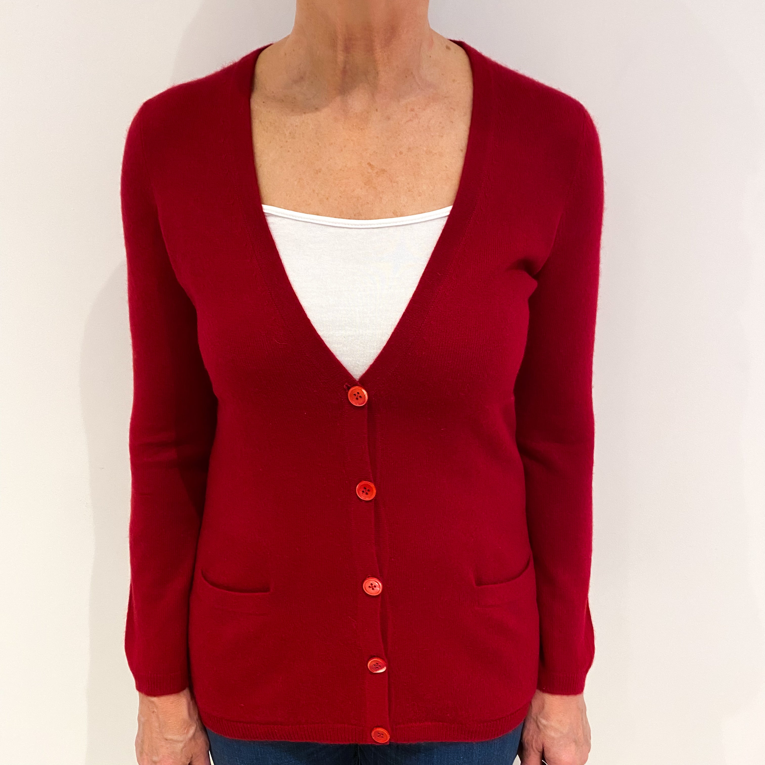 Post Box Red Cashmere V Neck Cardigan Medium