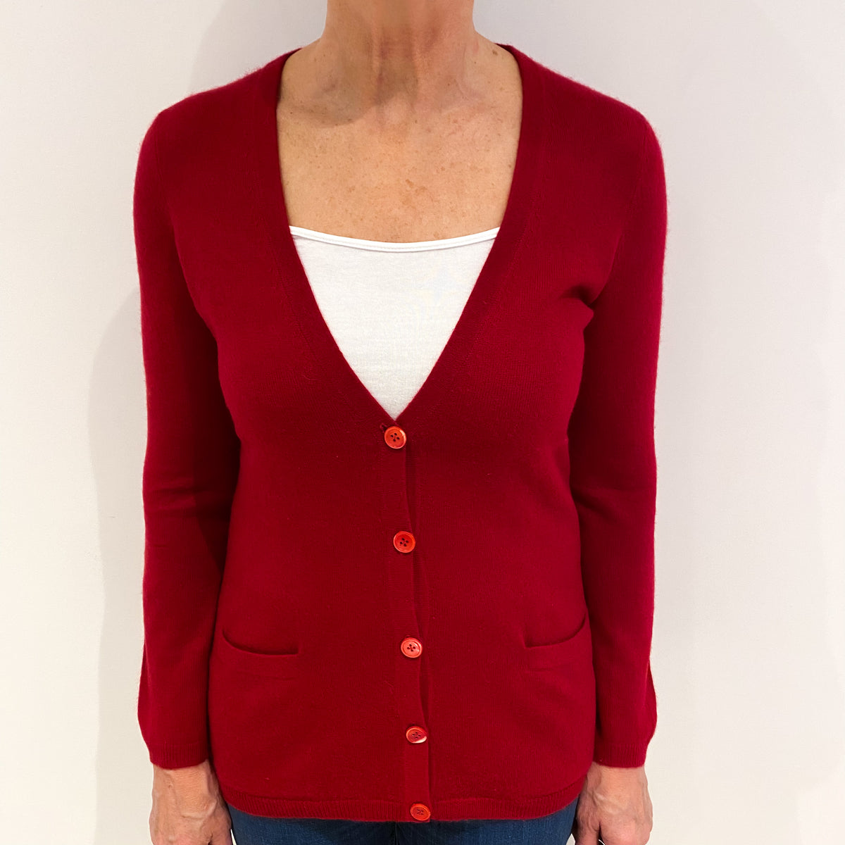Post Box Red Cashmere V Neck Cardigan Medium