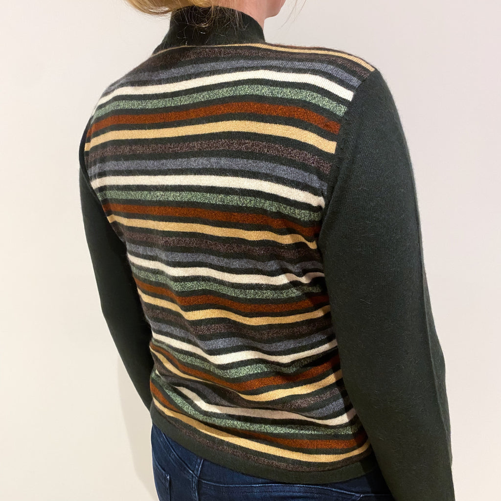Deep Khaki Striped Cashmere Turtle Neck Jumper Large
