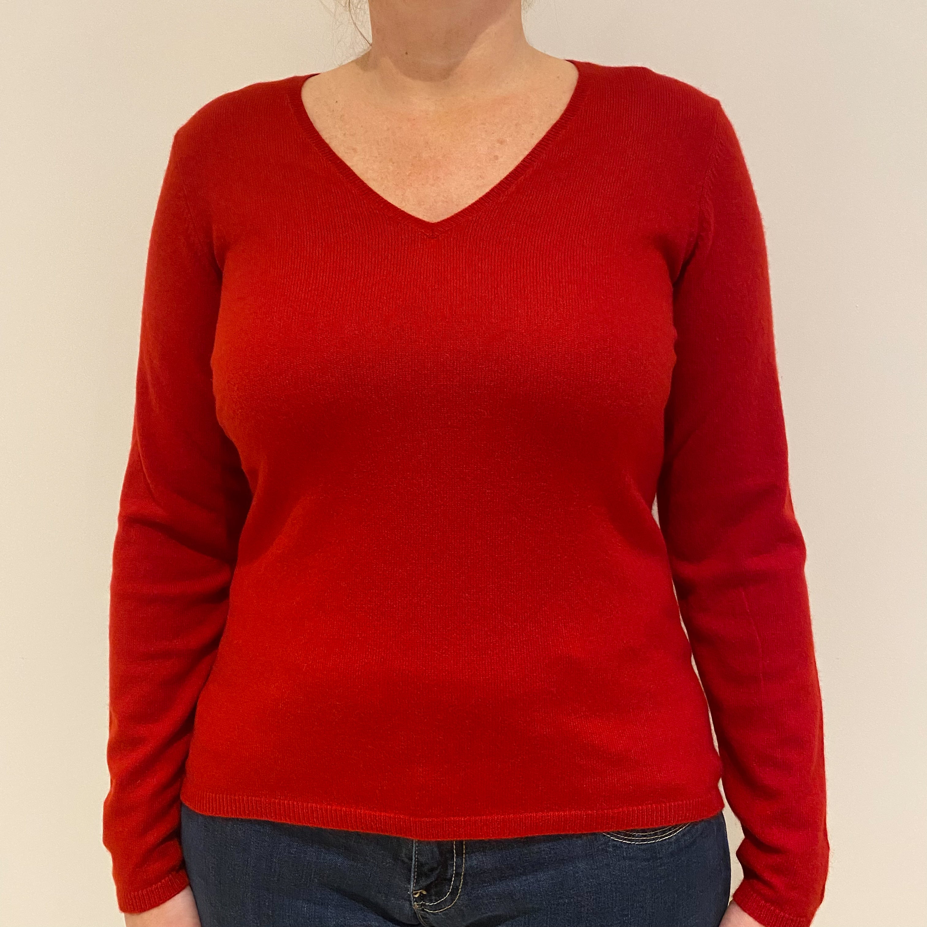 Post Box Red Cashmere V-Neck Jumper Large