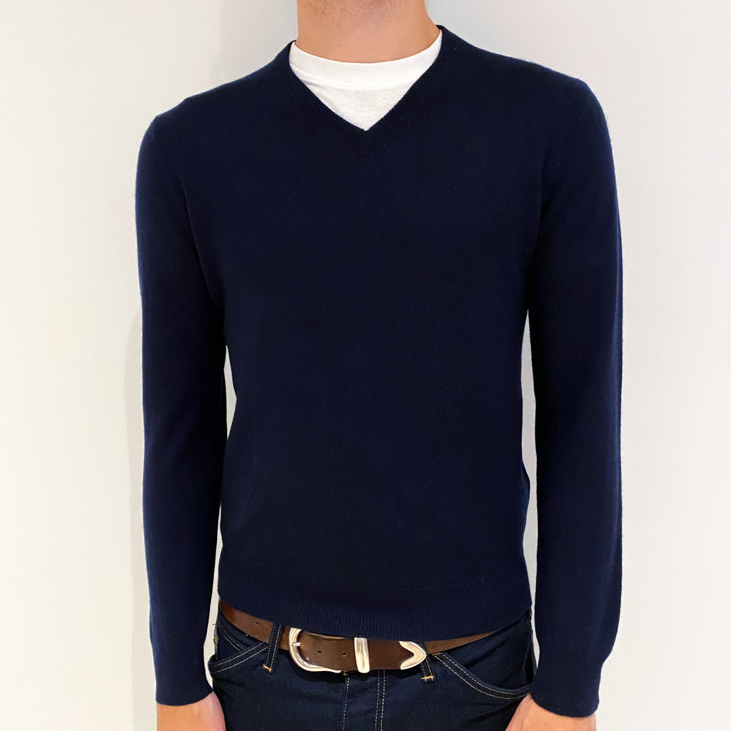 Men's Dark Navy Blue Cashmere V-Neck Jumper Medium