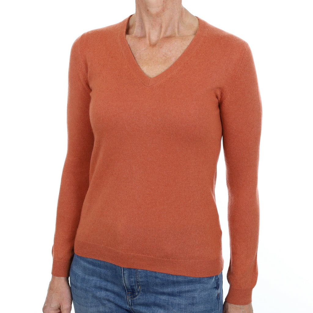 Terracotta Orange Cashmere V Neck Jumper Small