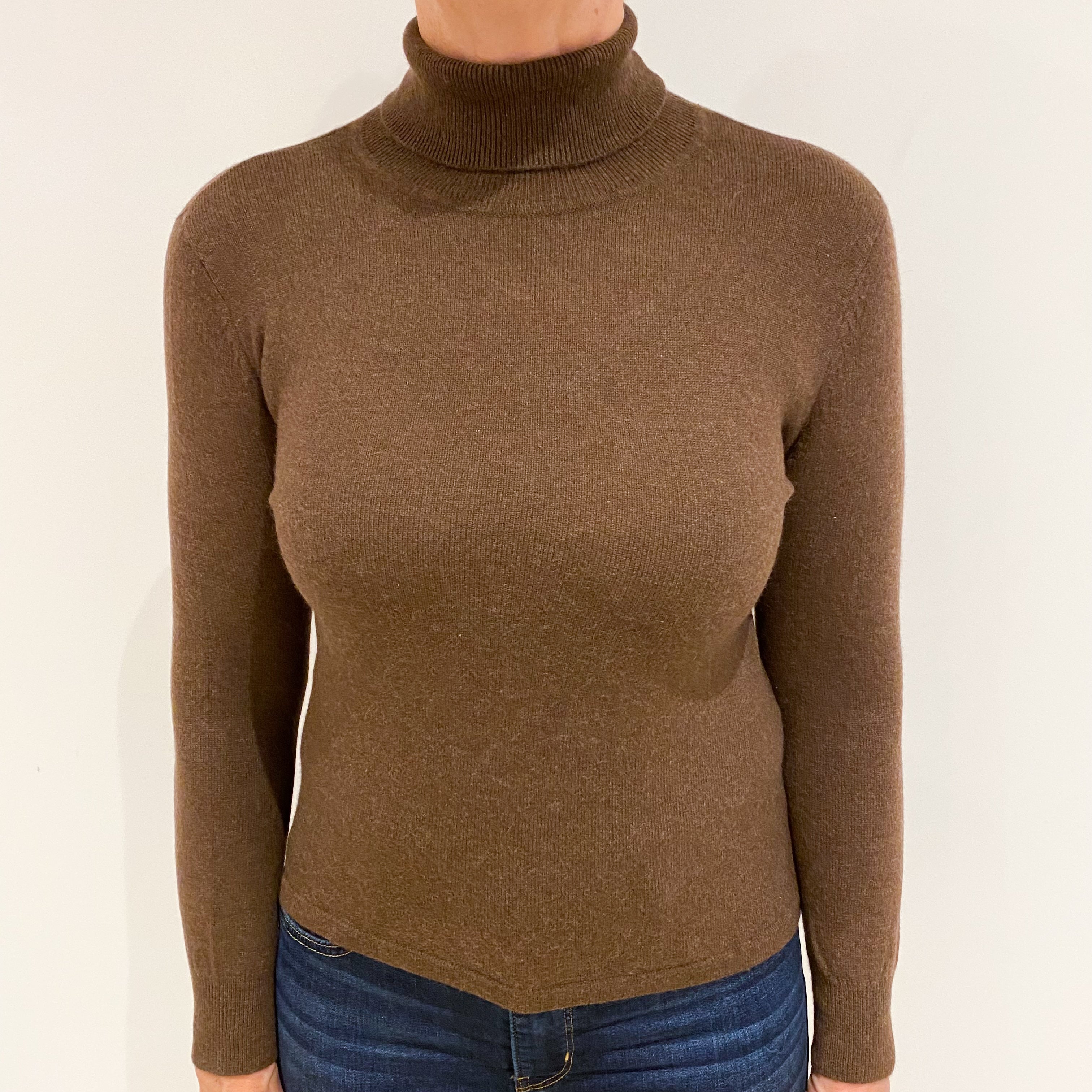 Chocolate Brown Cashmere Polo Neck Jumper Medium