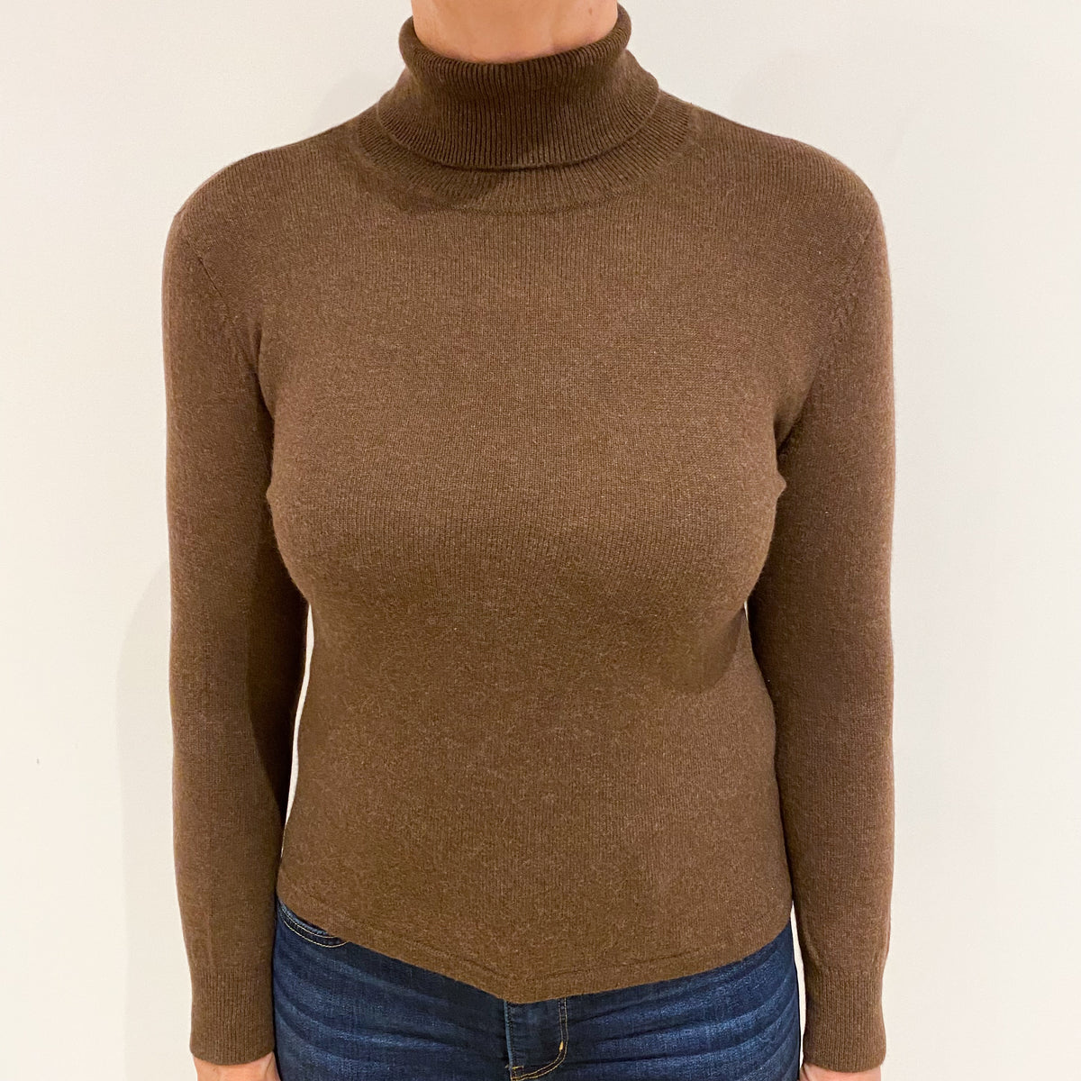 Chocolate Brown Cashmere Polo Neck Jumper Medium