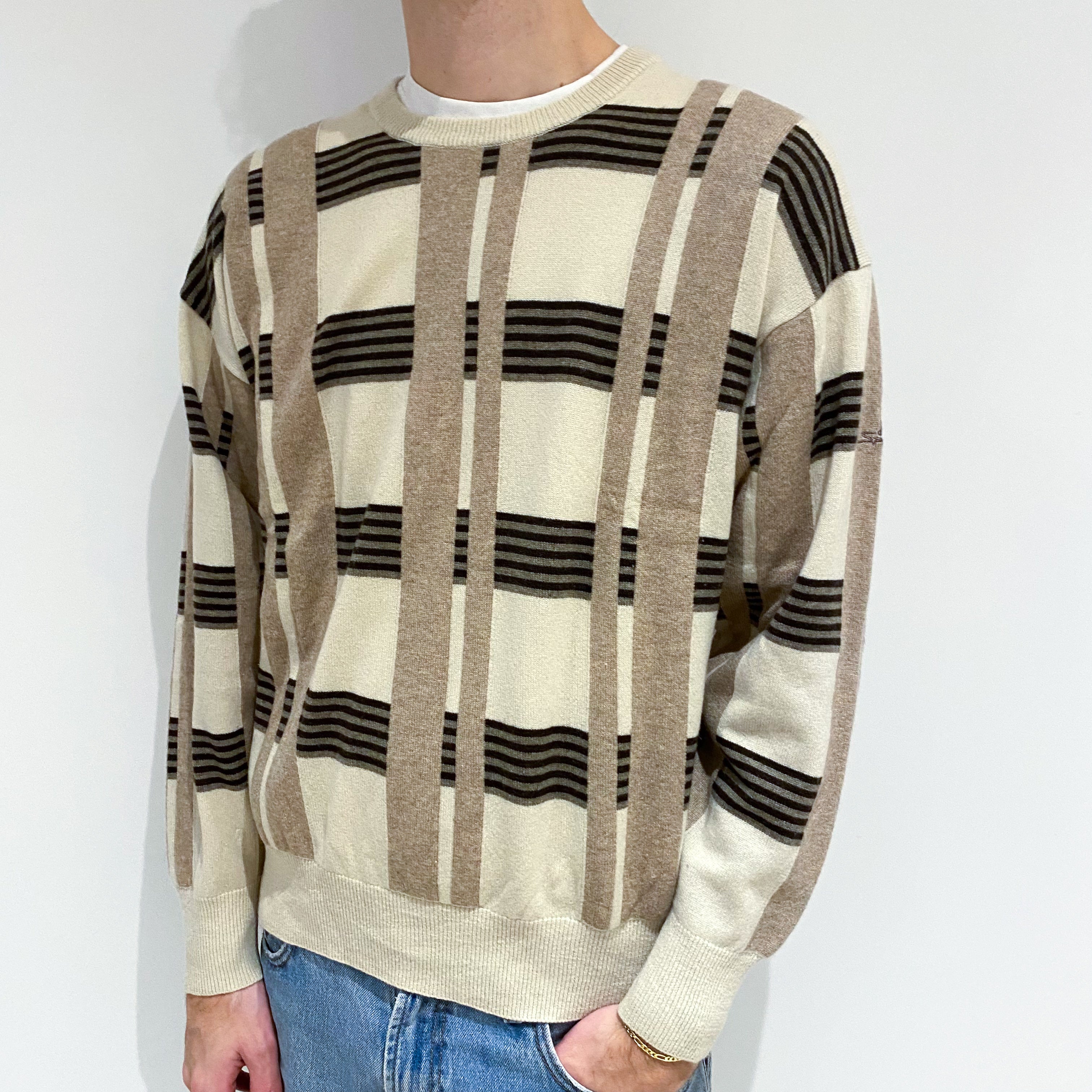 Men's Cream and Brown Checked Cashmere Crew Neck Jumper Large
