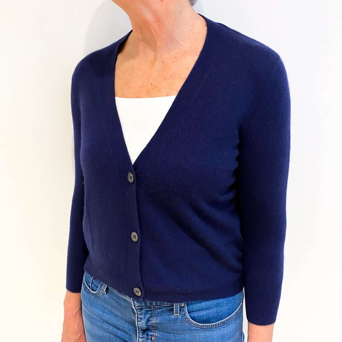 Navy Blue Cashmere V Neck Cardigan Medium