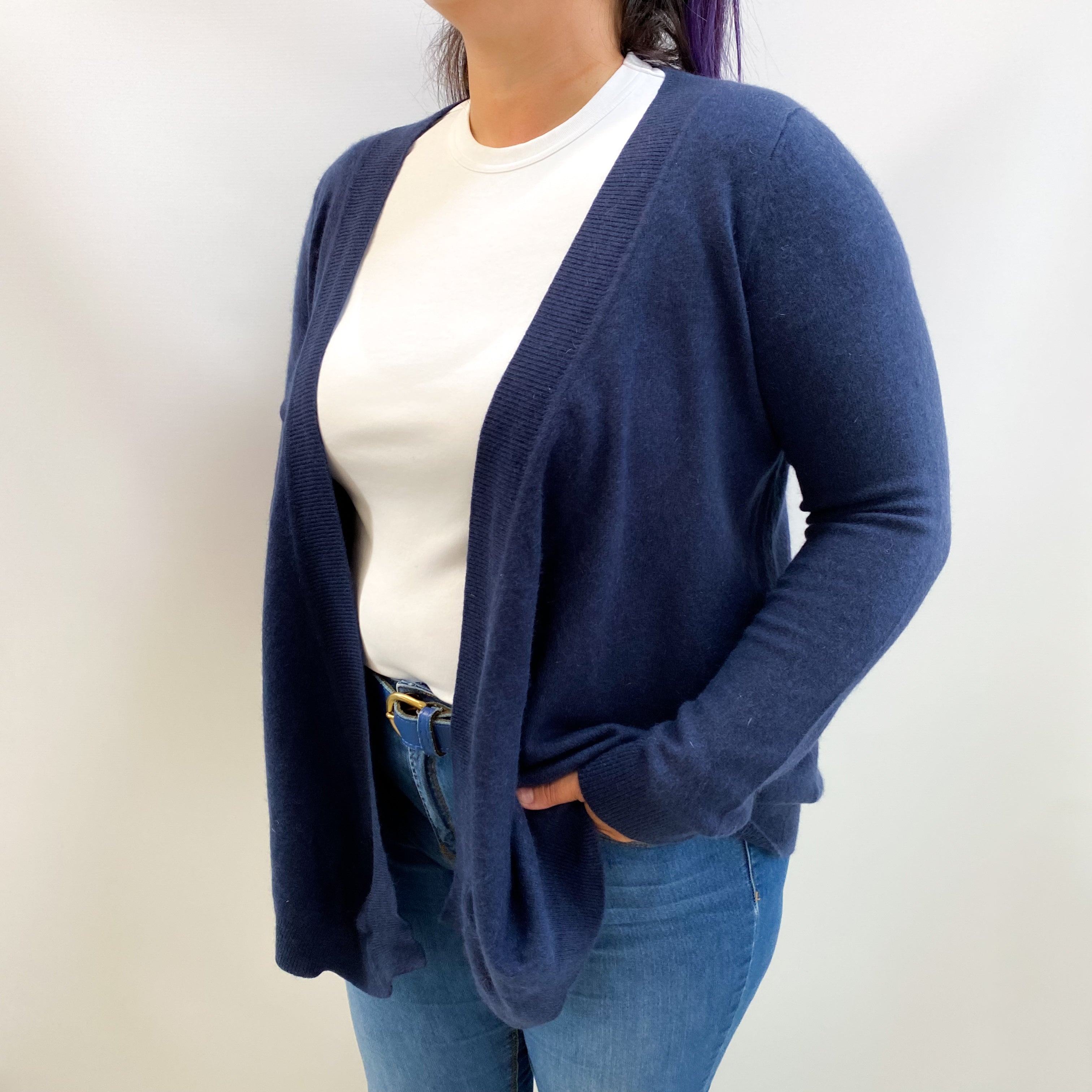 Midnight Blue Cashmere Waterfall Edge Cardigan Large