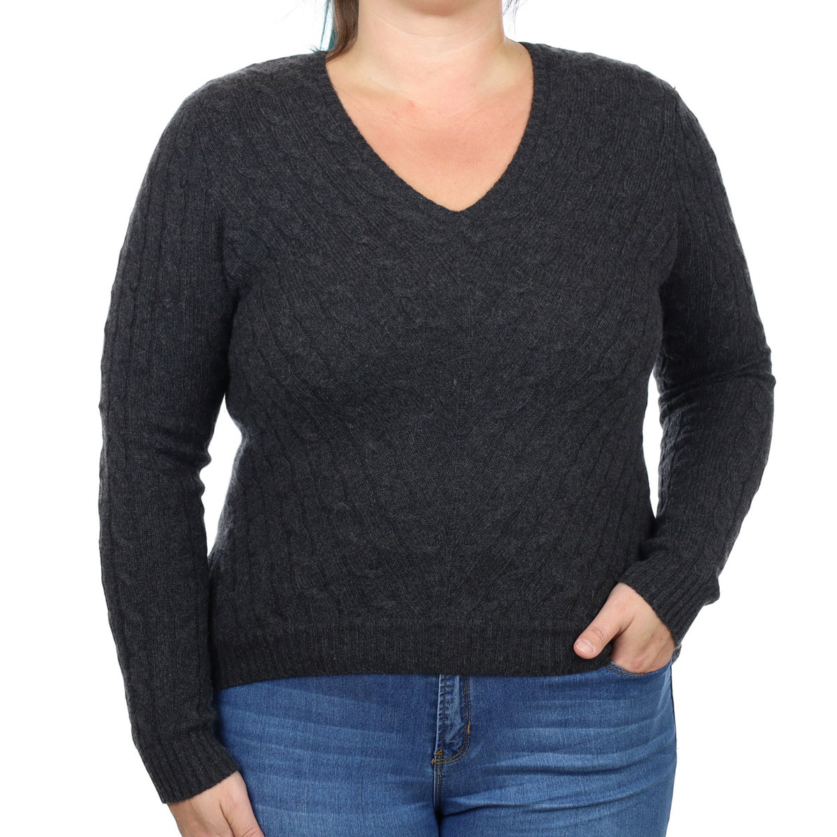 Ralph Lauren Charcoal Cable Cashmere V Neck Jumper Large