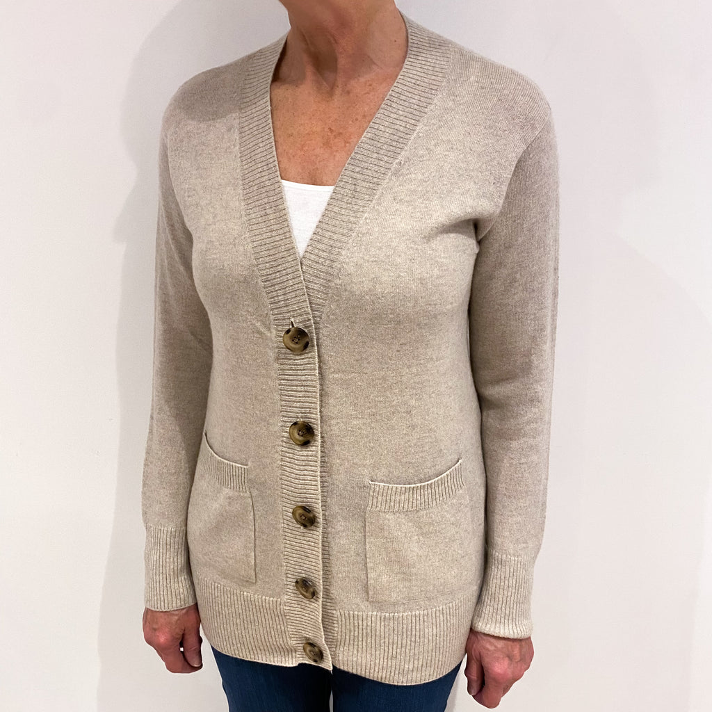 Oatmeal Cashmere V Neck Cardigan with Pockets Medium