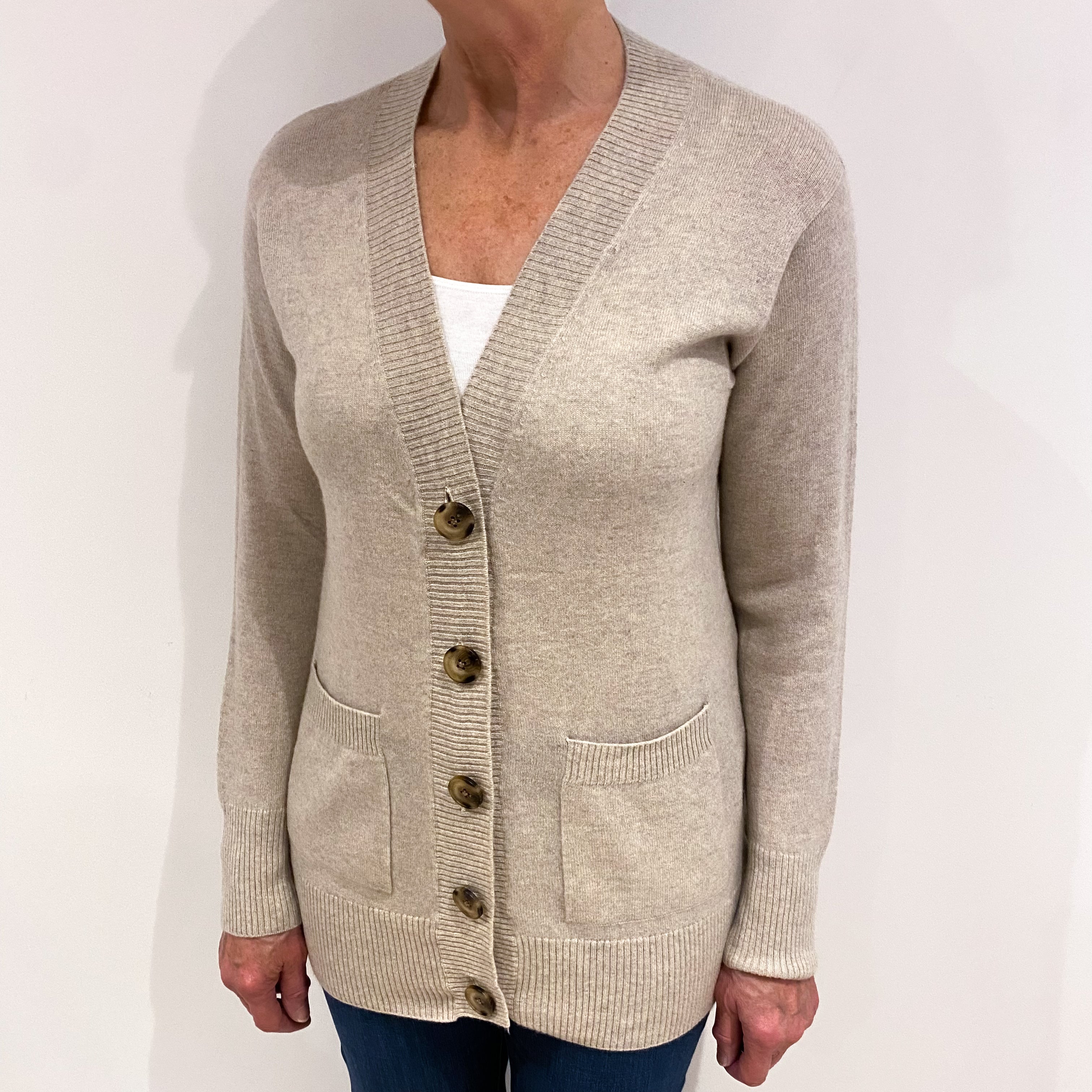 Oatmeal Cashmere V Neck Cardigan with Pockets Medium