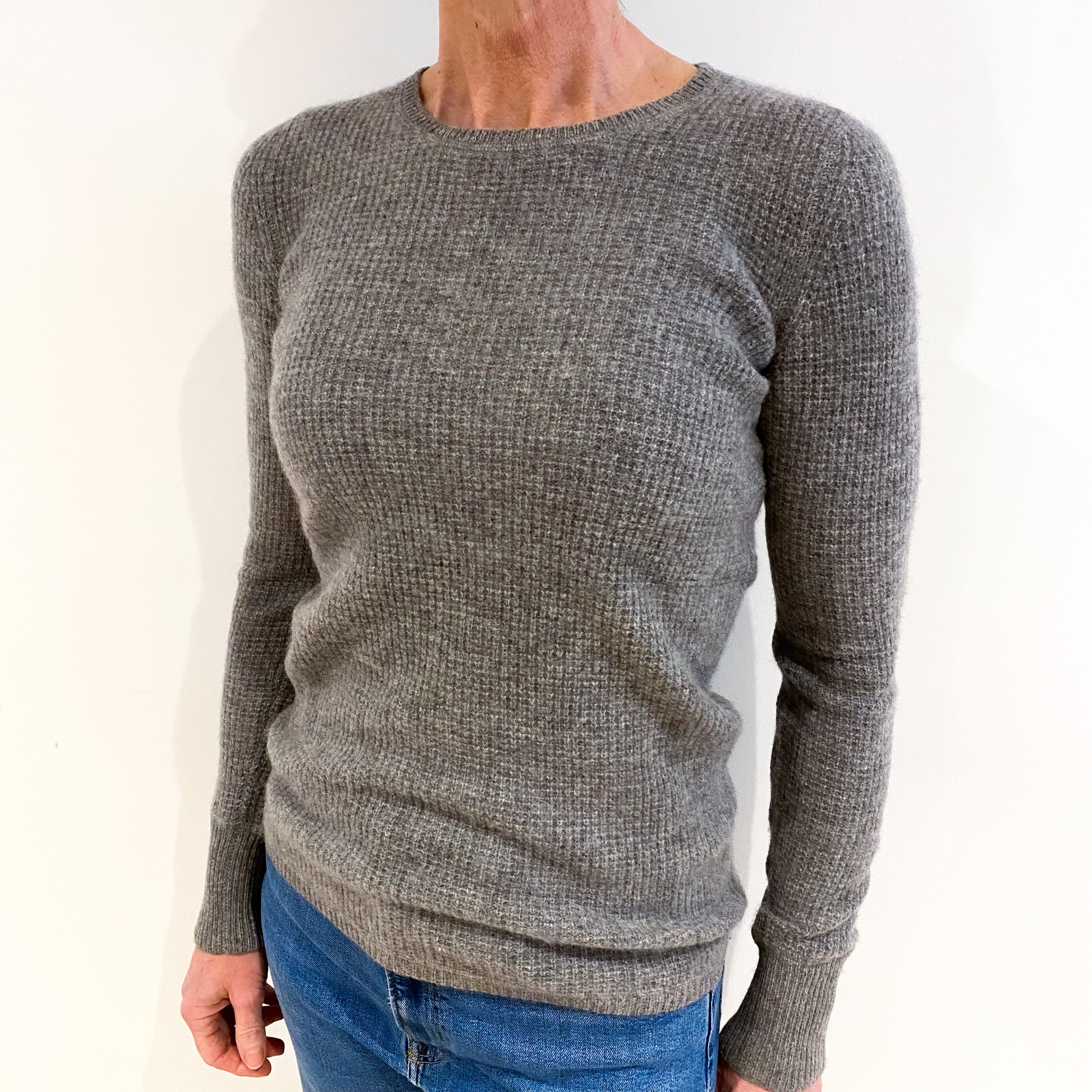 Ash Grey Waffle Knit Cashmere Crew Neck Jumper Small