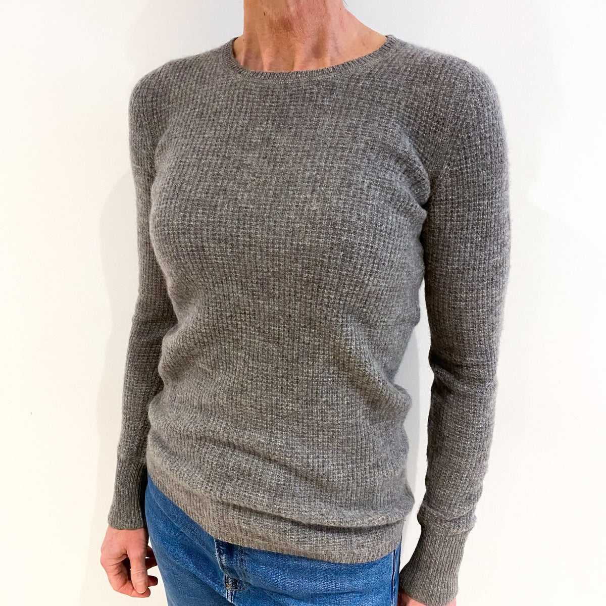 Ash Grey Waffle Knit Cashmere Crew Neck Jumper Small