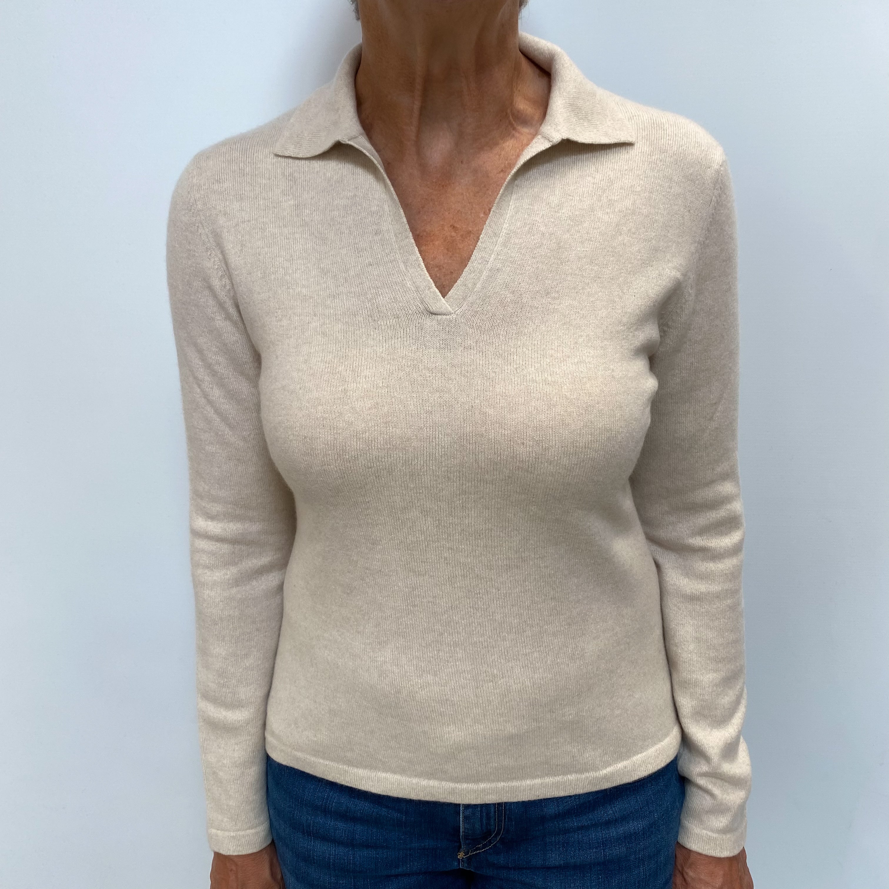 Neiman Marcus Oatmeal Cashmere Collared V Neck Jumper Medium
