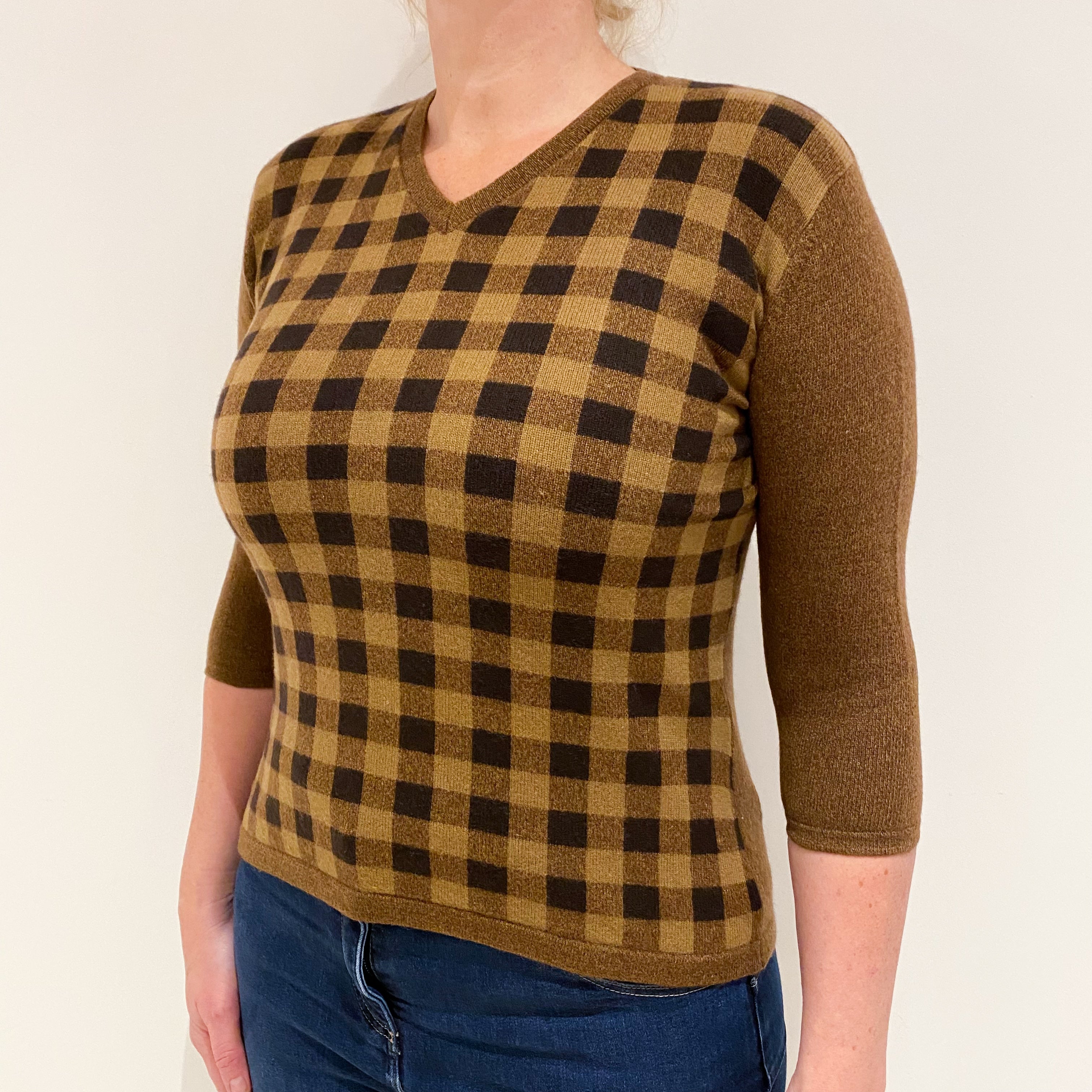 Chestnut Brown Check Cashmere V-Neck Jumper Large