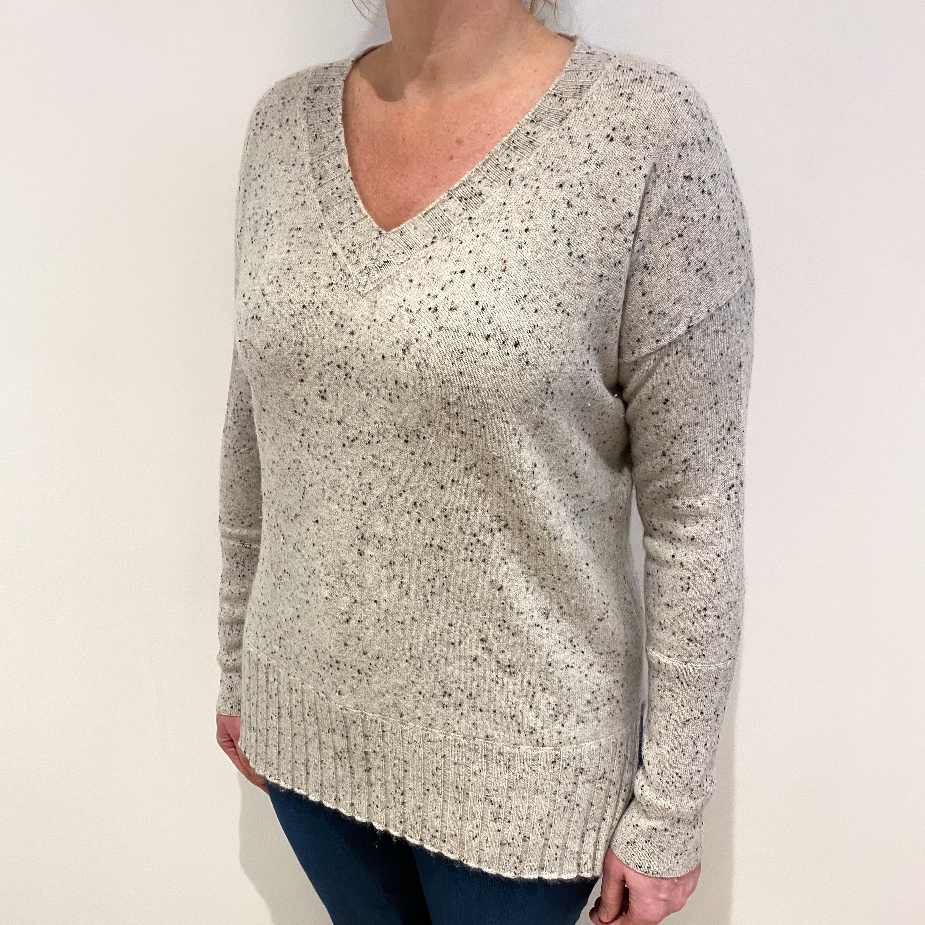 Mist Grey Flecked Cashmere V Neck Jumper Large