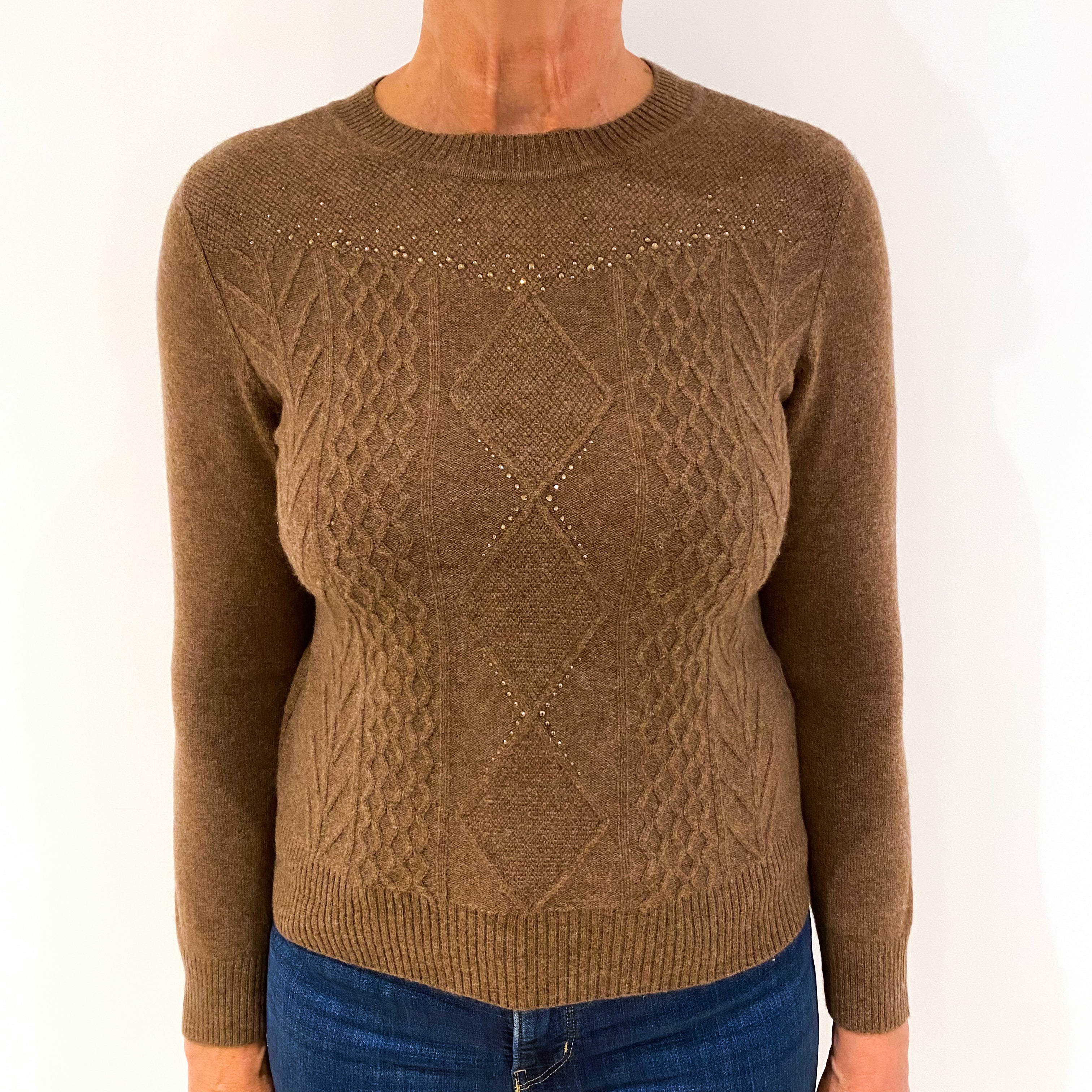 Mole Brown Cable Front Cashmere Crew Neck Jumper Medium