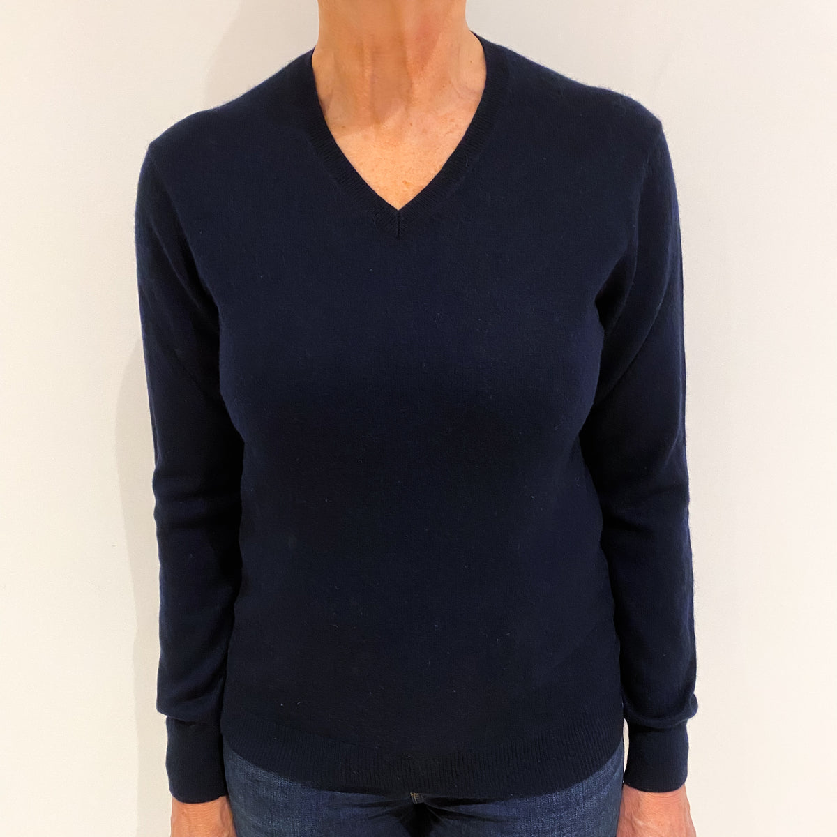 Dark Navy Blue Cashmere V Neck Jumper Medium