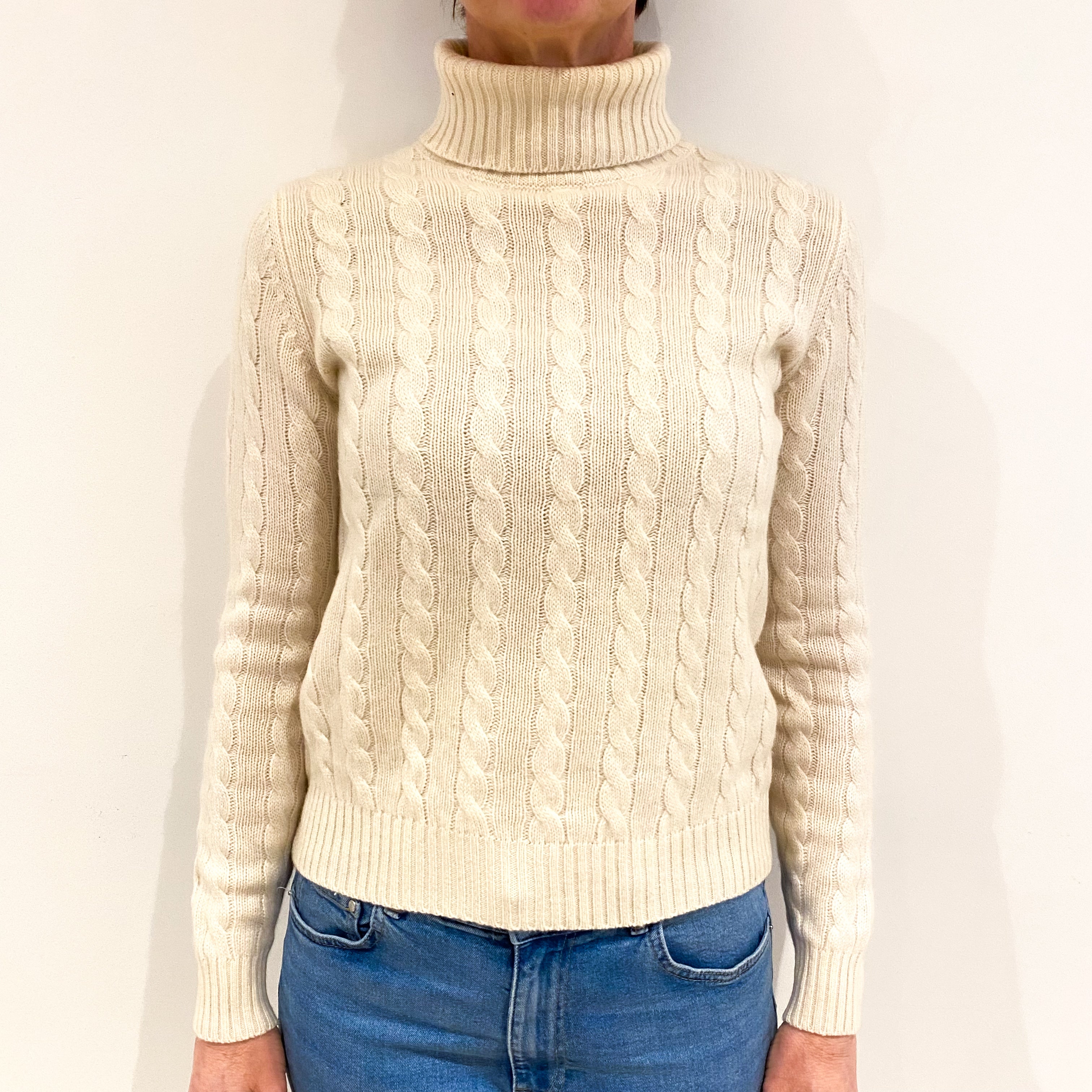 Vanilla Cream Cashmere Polo Neck Cable Knit Jumper Small