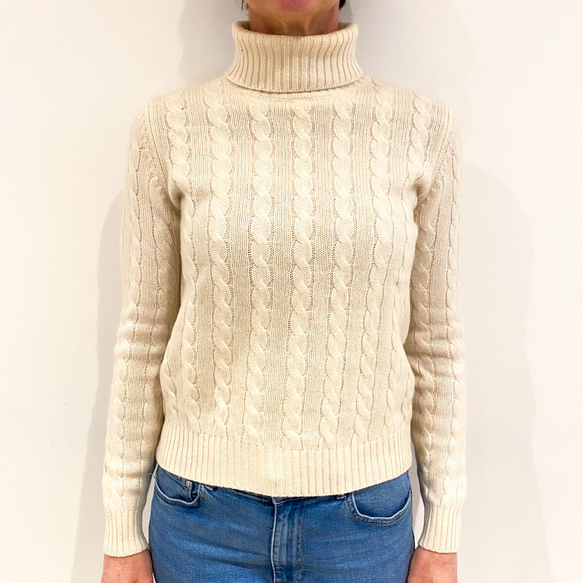 Vanilla Cream Cashmere Polo Neck Cable Knit Jumper Small
