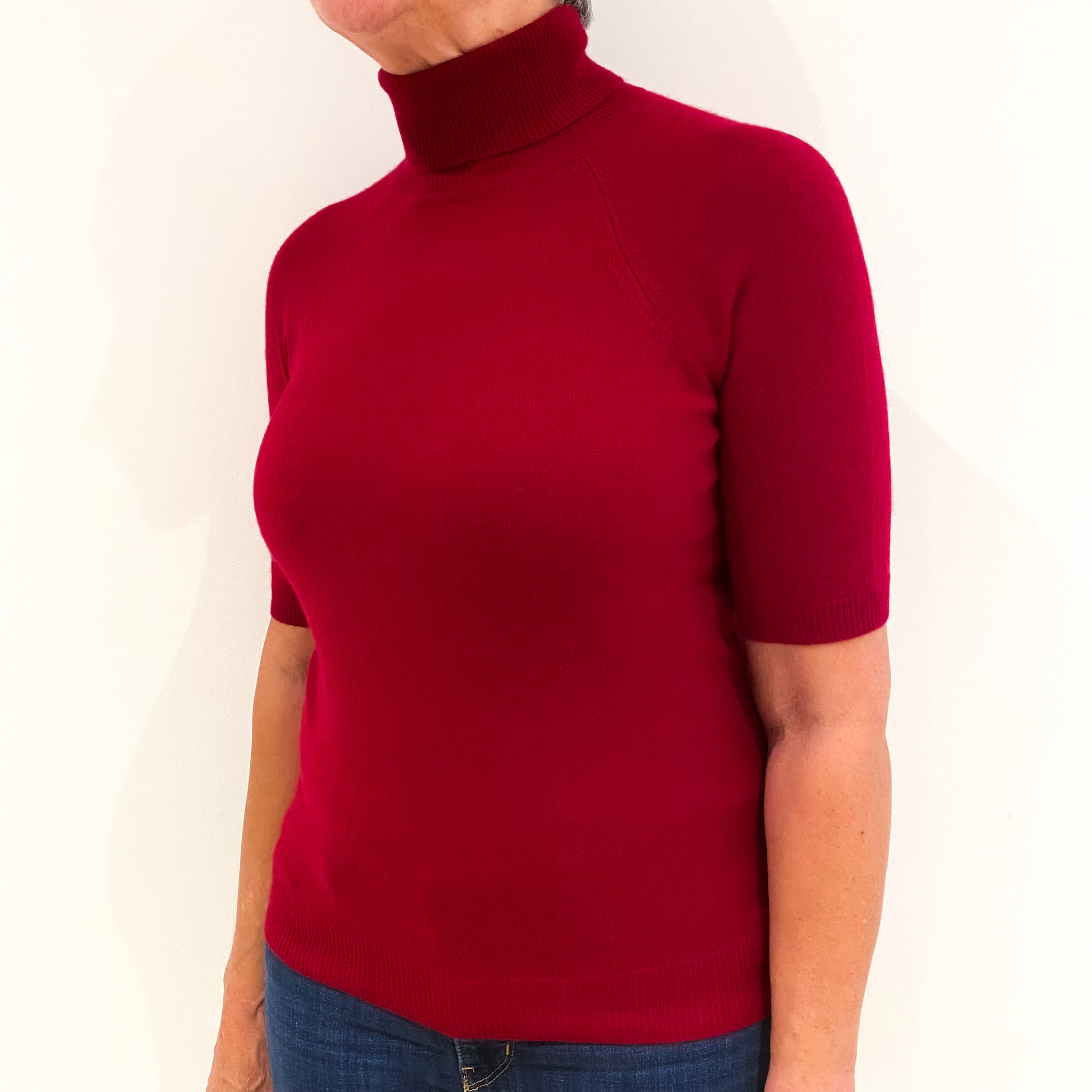 Crimson Red Short Sleeved Cashmere Polo Neck Medium