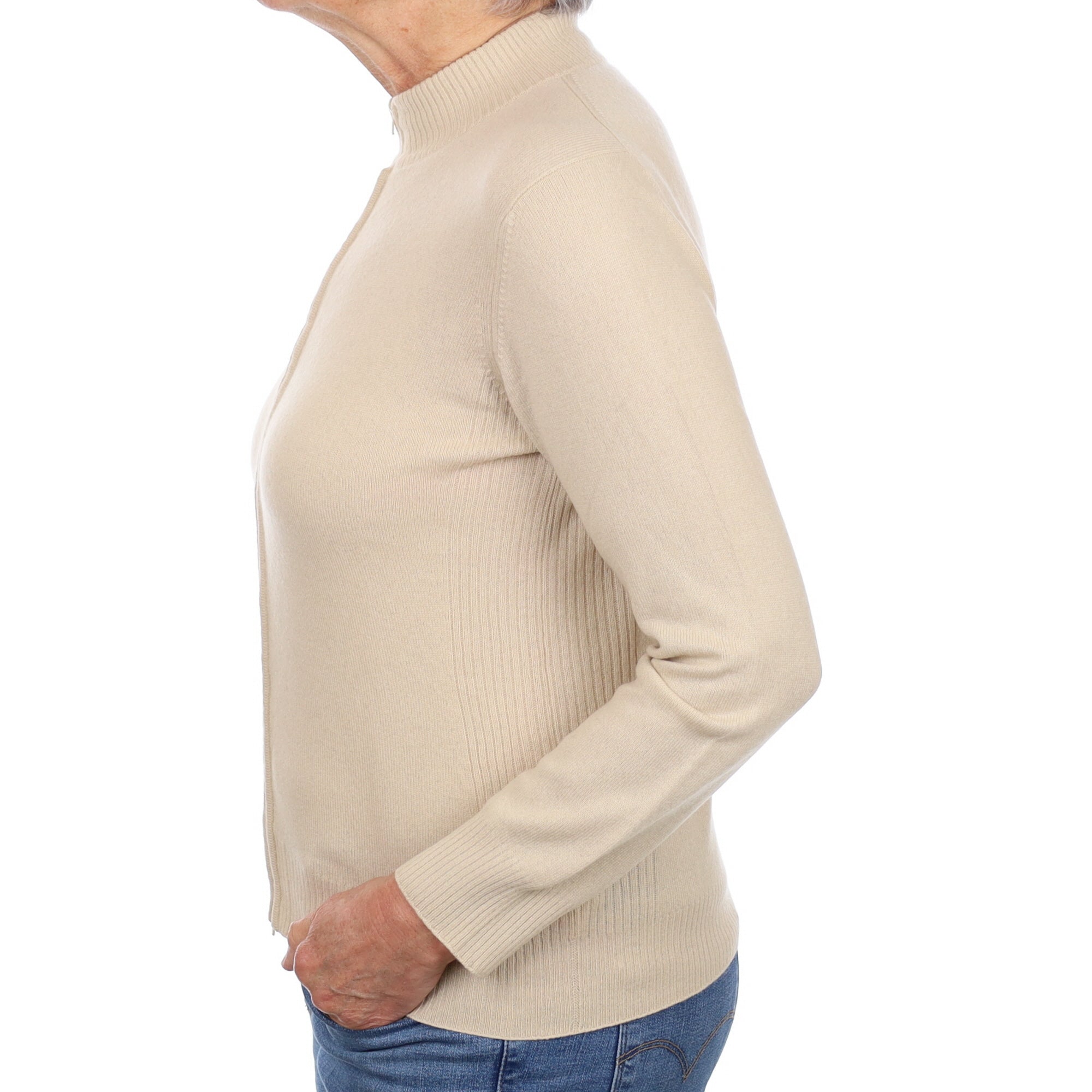 Soft Beige Cashmere Zip Up Turtle Neck Cardigan Medium