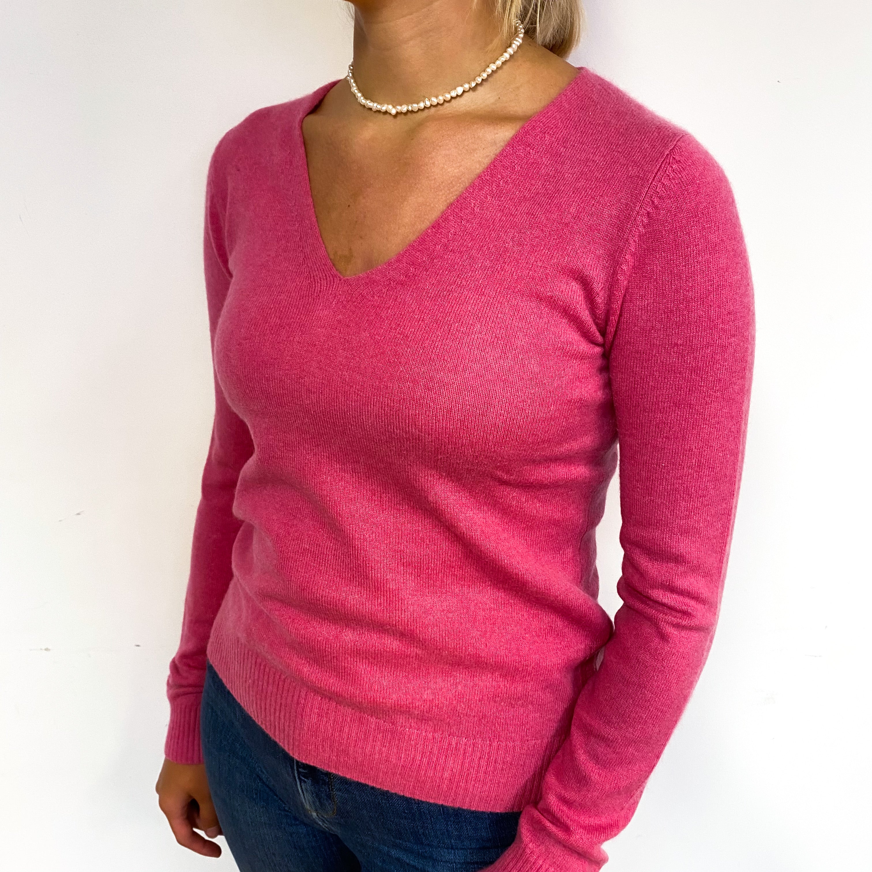Raspberry Pink Cashmere V-Neck Jumper Small