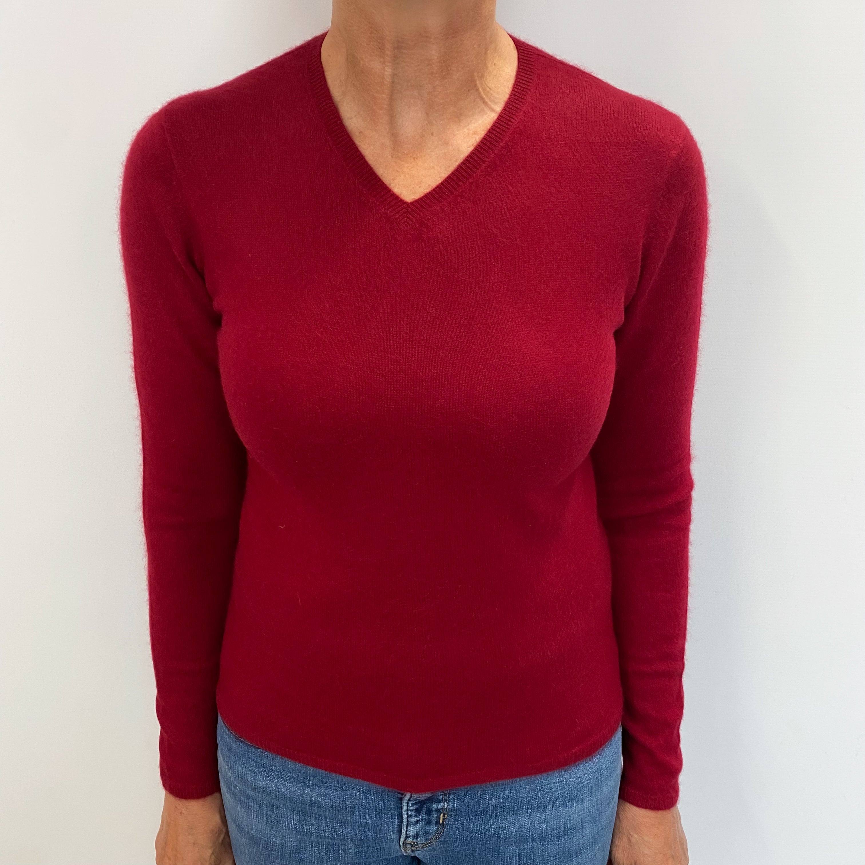 Crimson Red Cashmere V Neck Jumper Medium