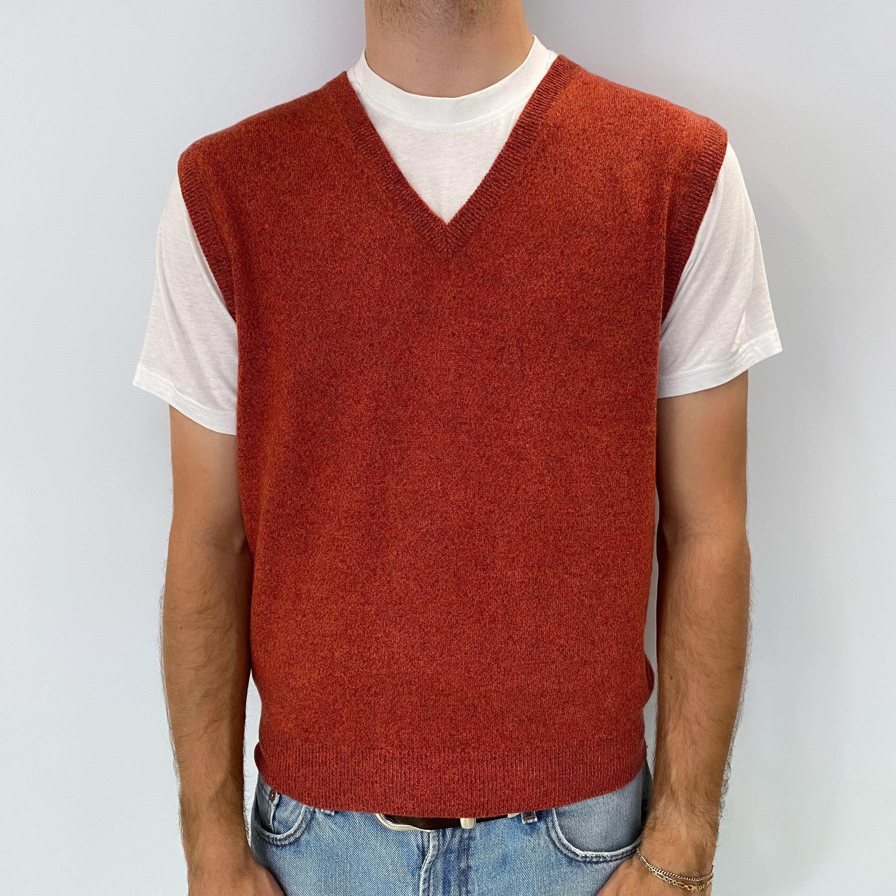 Men's Paprika Orange Cashmere V Neck Sleeveless Jumper Medium