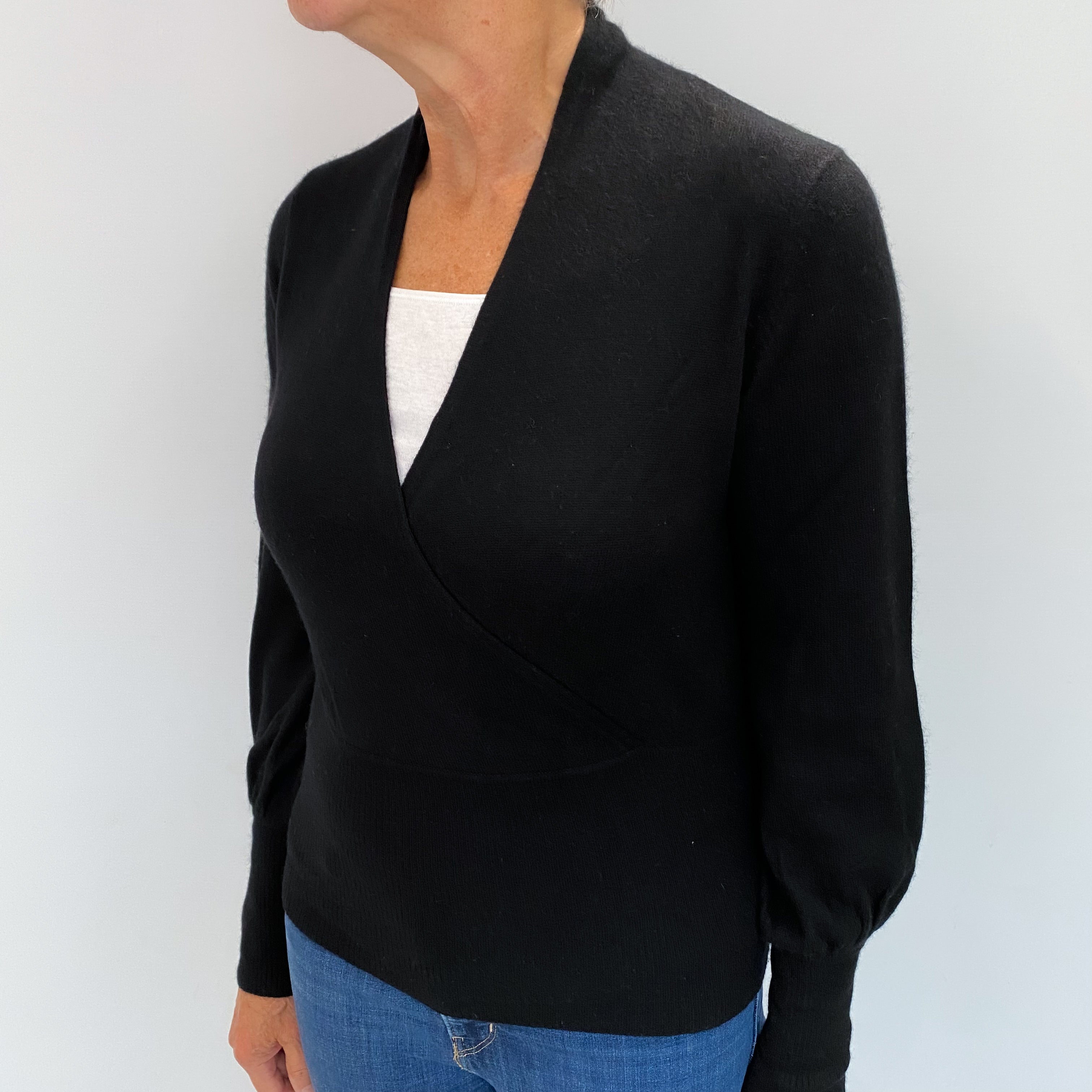 Black Cashmere V Neck Cross Over Jumper Medium