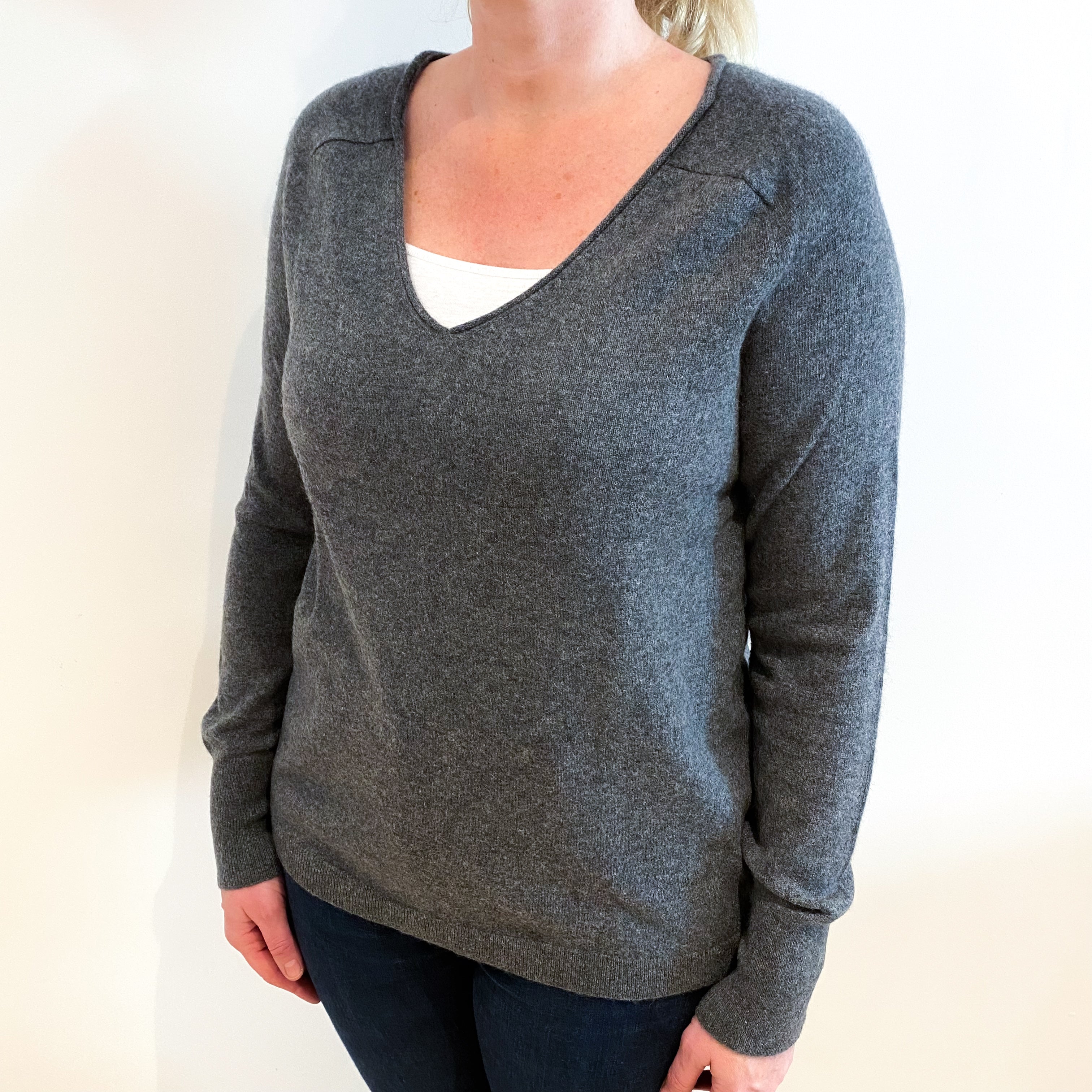 Slate Grey Cashmere V Neck Jumper Large