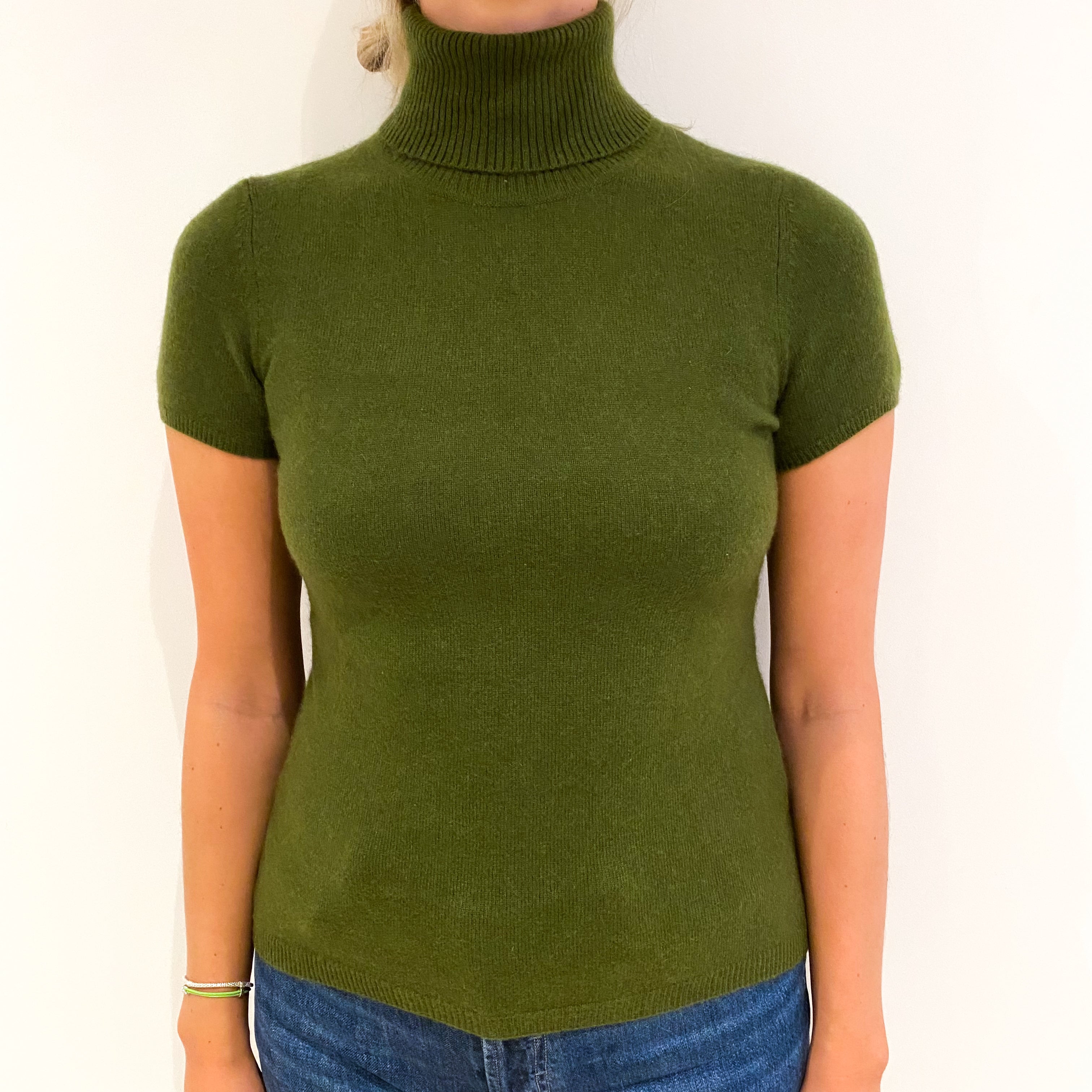 Moss Green Short Sleeved Cashmere Polo Neck Jumper Small