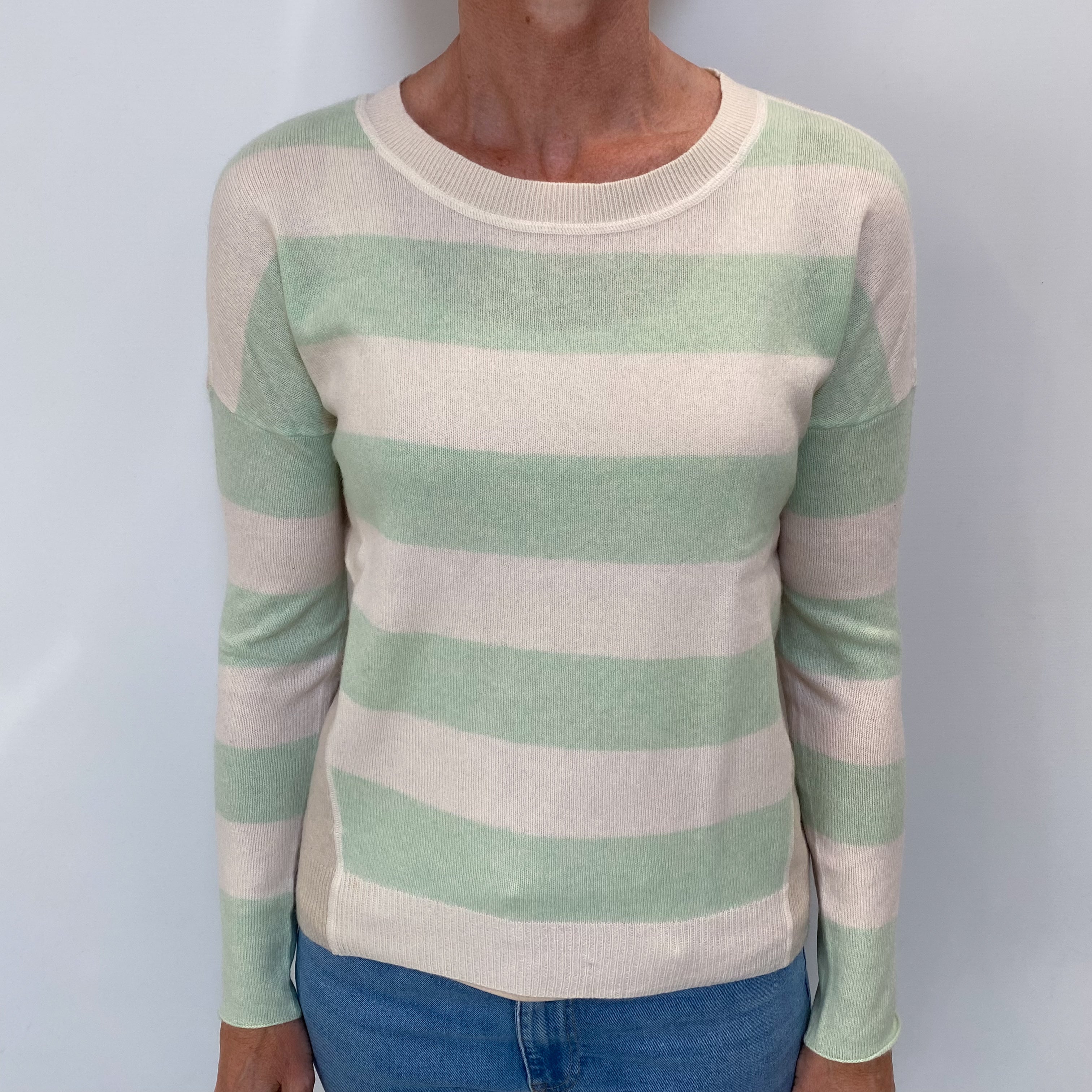Cream and Mint Stripe Cashmere Crew Neck Jumper Small