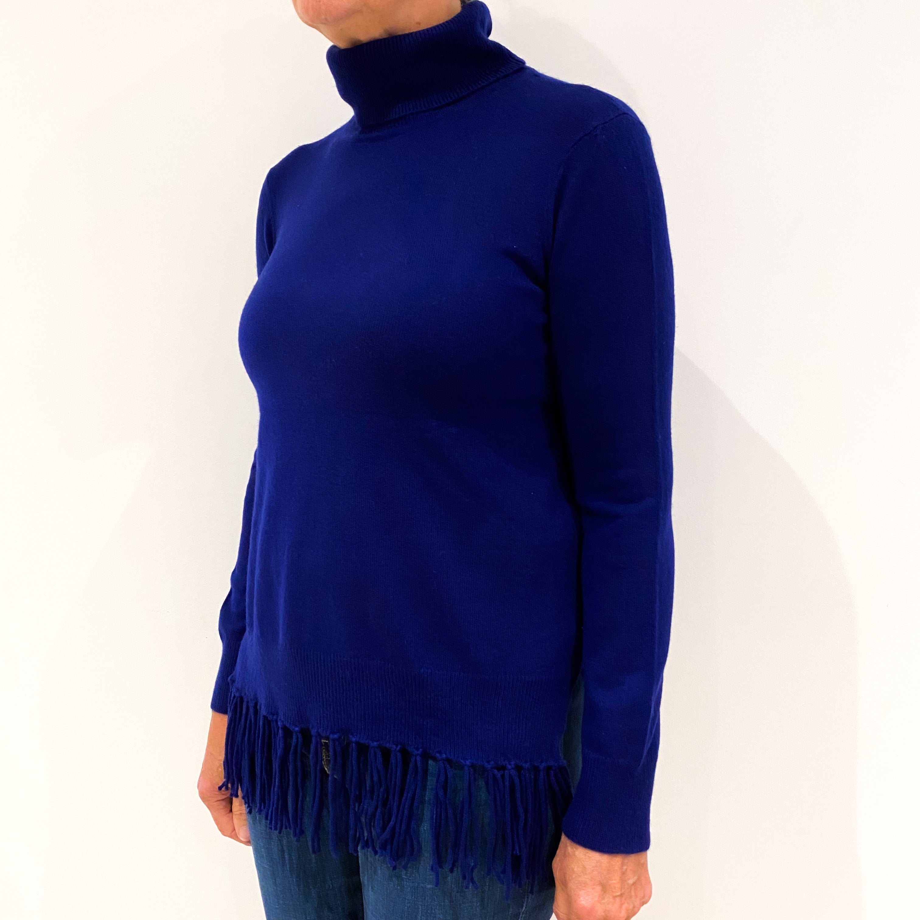 French Navy Tassel Hem Cashmere Polo Neck Jumper Medium