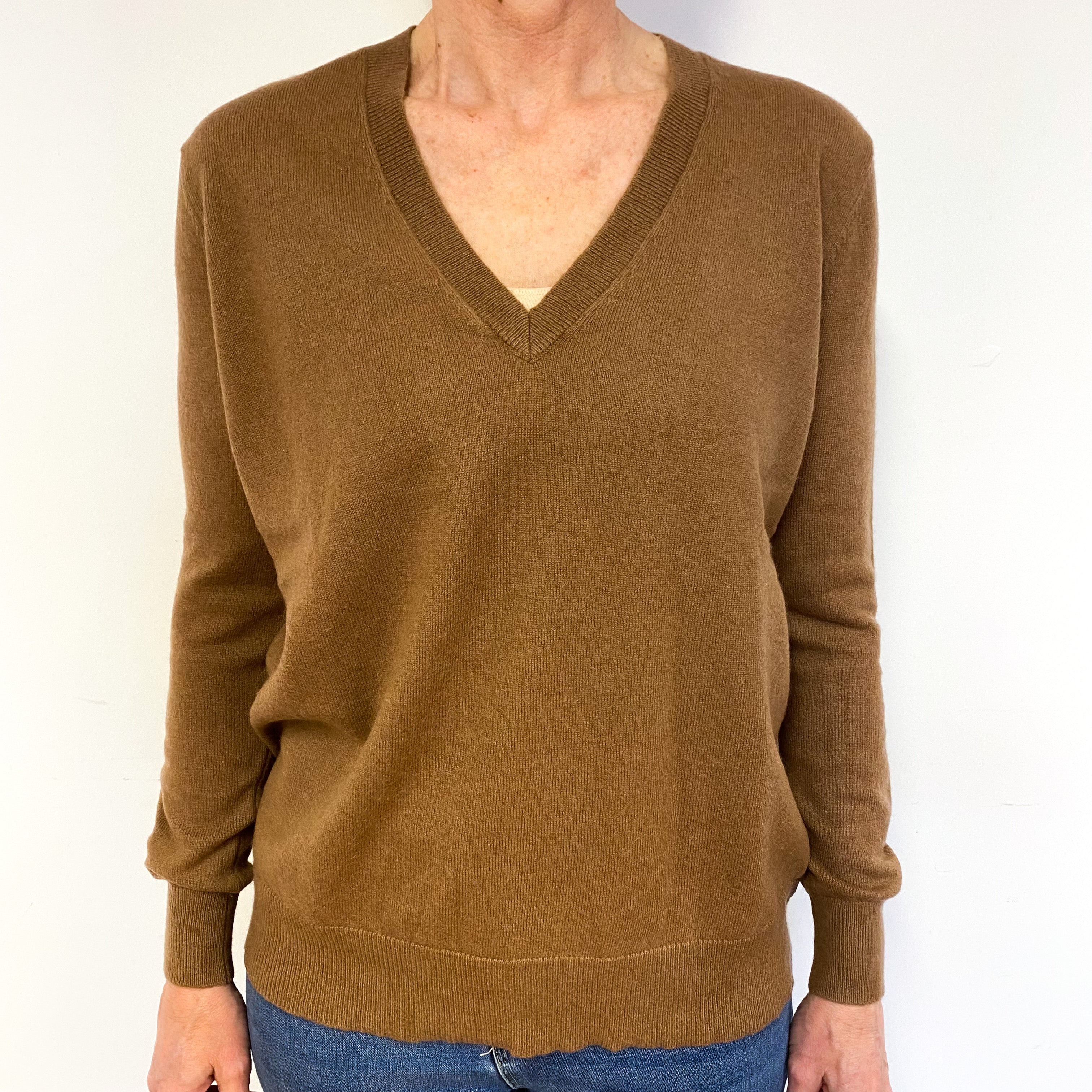 Dark Toffee Brown Cashmere V-Neck Jumper Medium