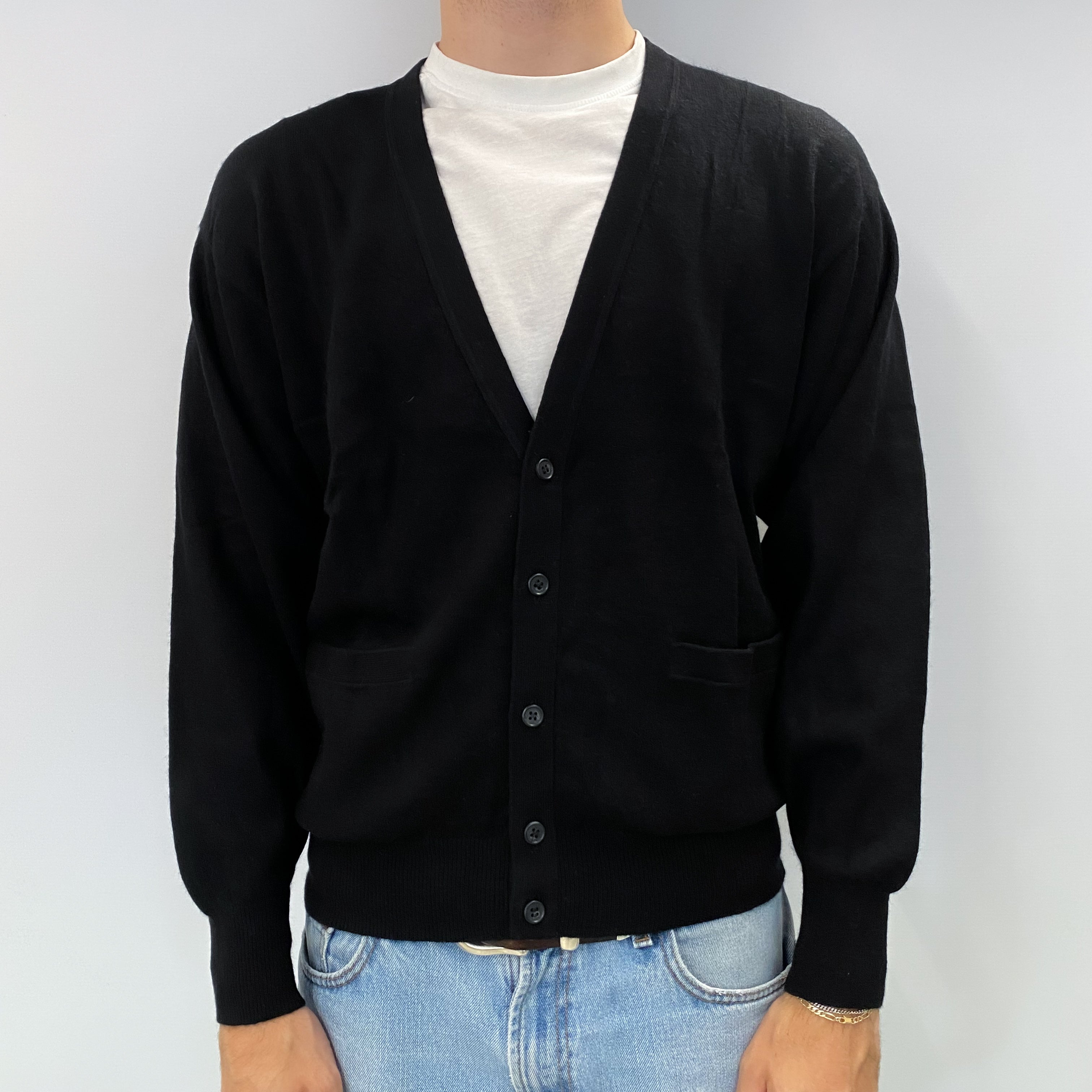 Men's Black Cashmere V Neck Cardigan Large