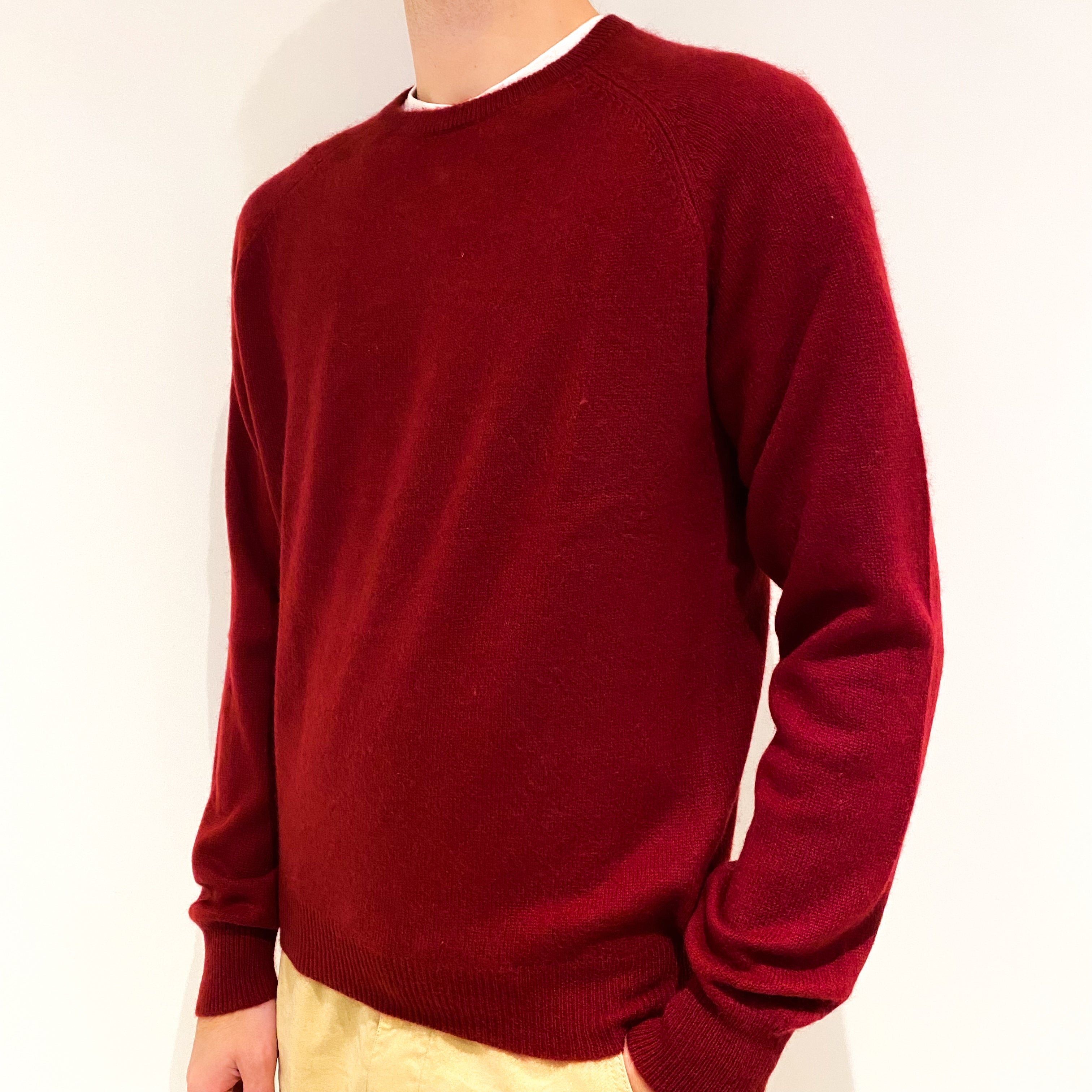 Men's Crimson Red Cashmere Crew Neck Jumper Large
