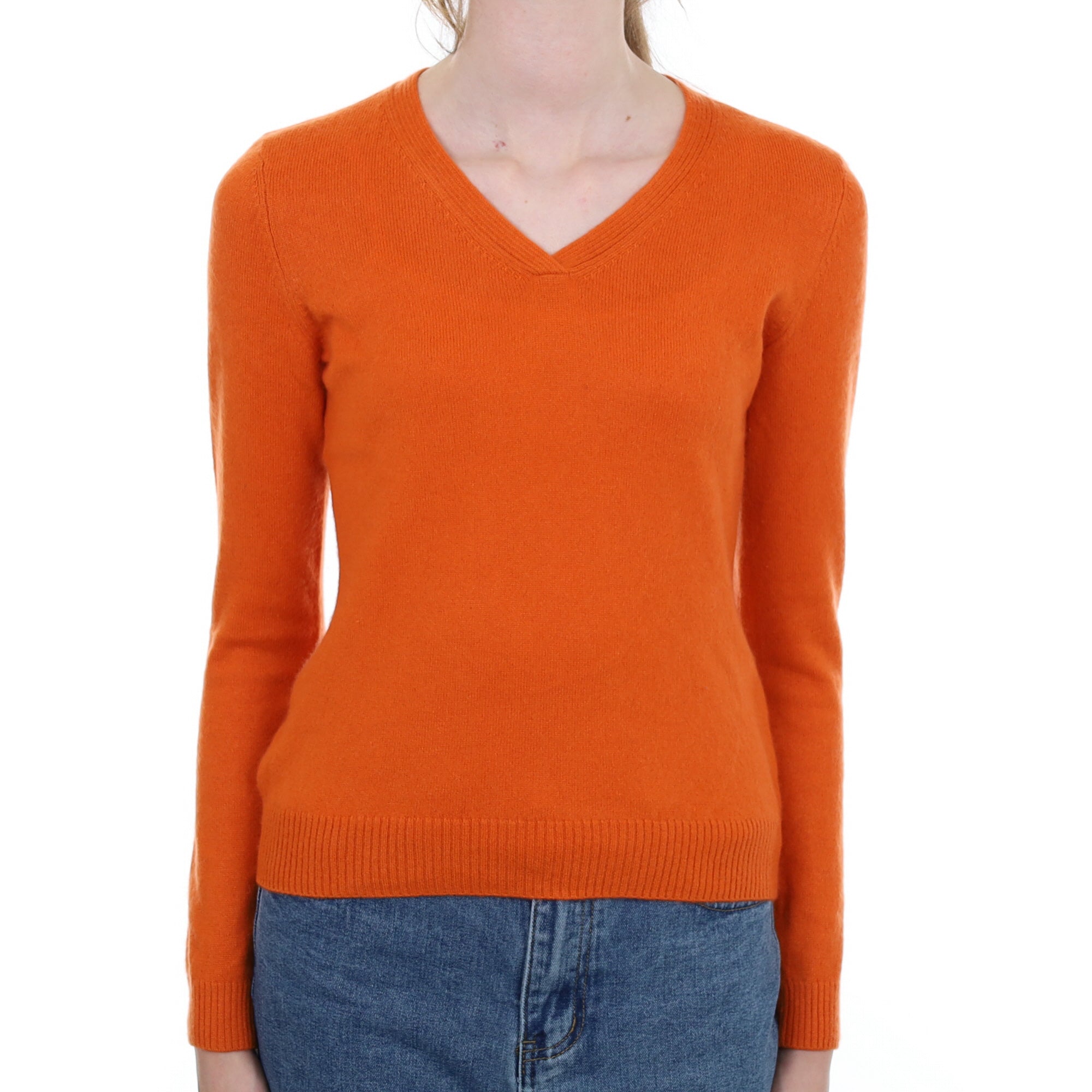 Tangerine Orange Cashmere V Neck Jumper Extra Small