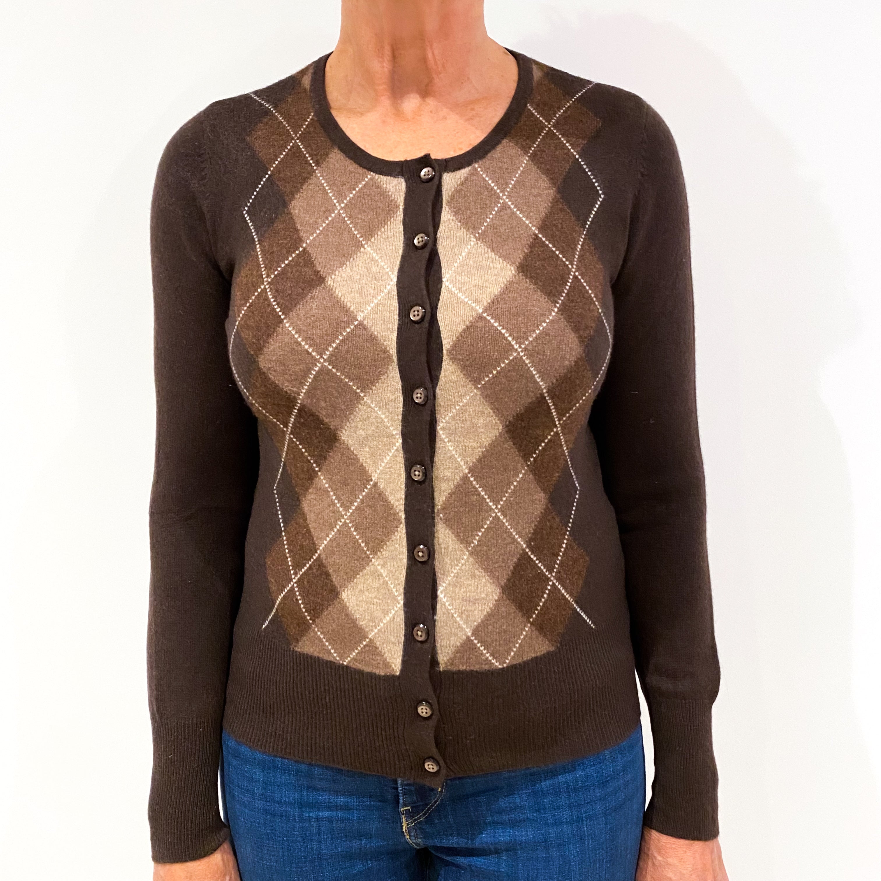 Chocolate Brown Argyle Front Cashmere Crew Neck Cardigan Medium