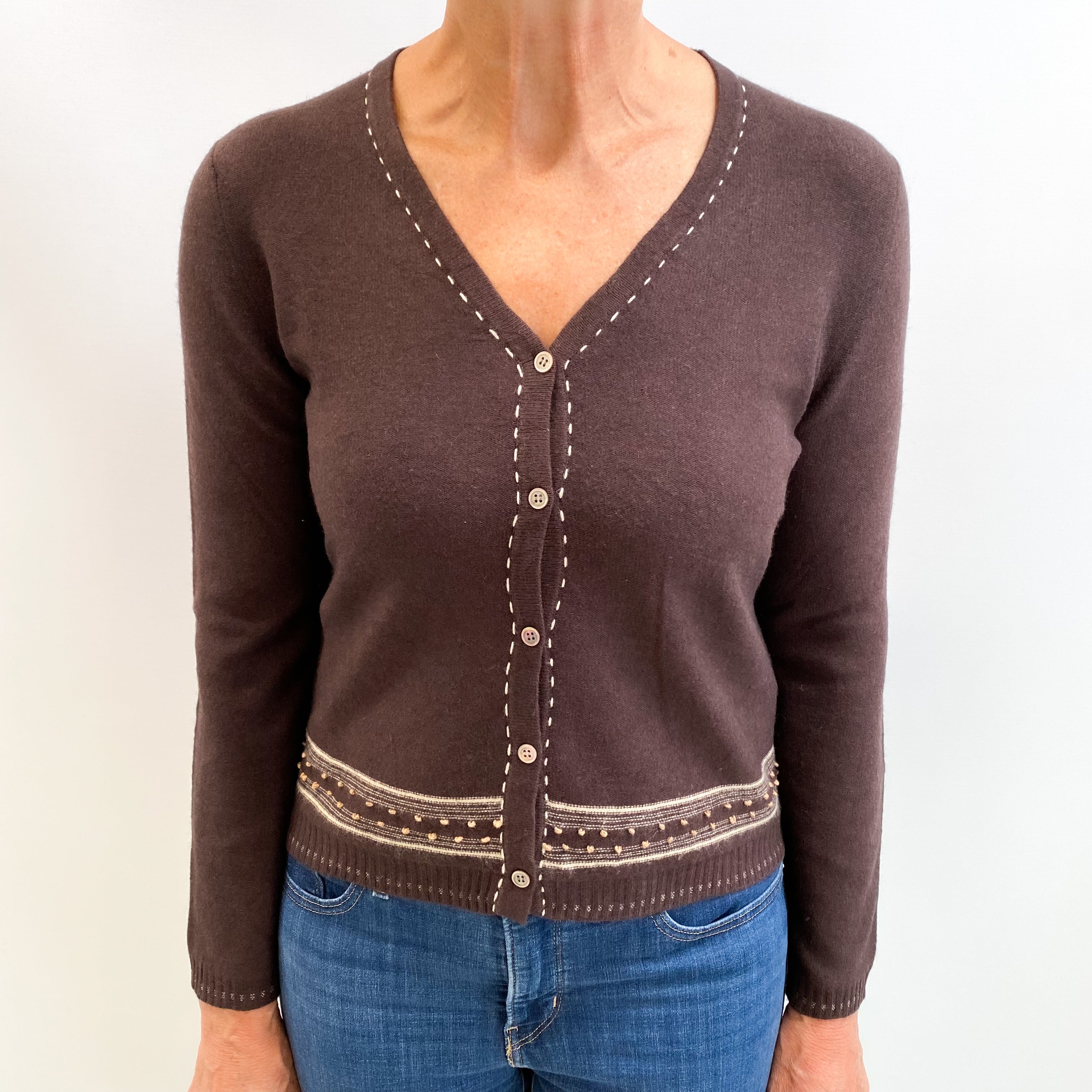 Dark Chocolate Brown Cashmere V Neck Cardigan Medium
