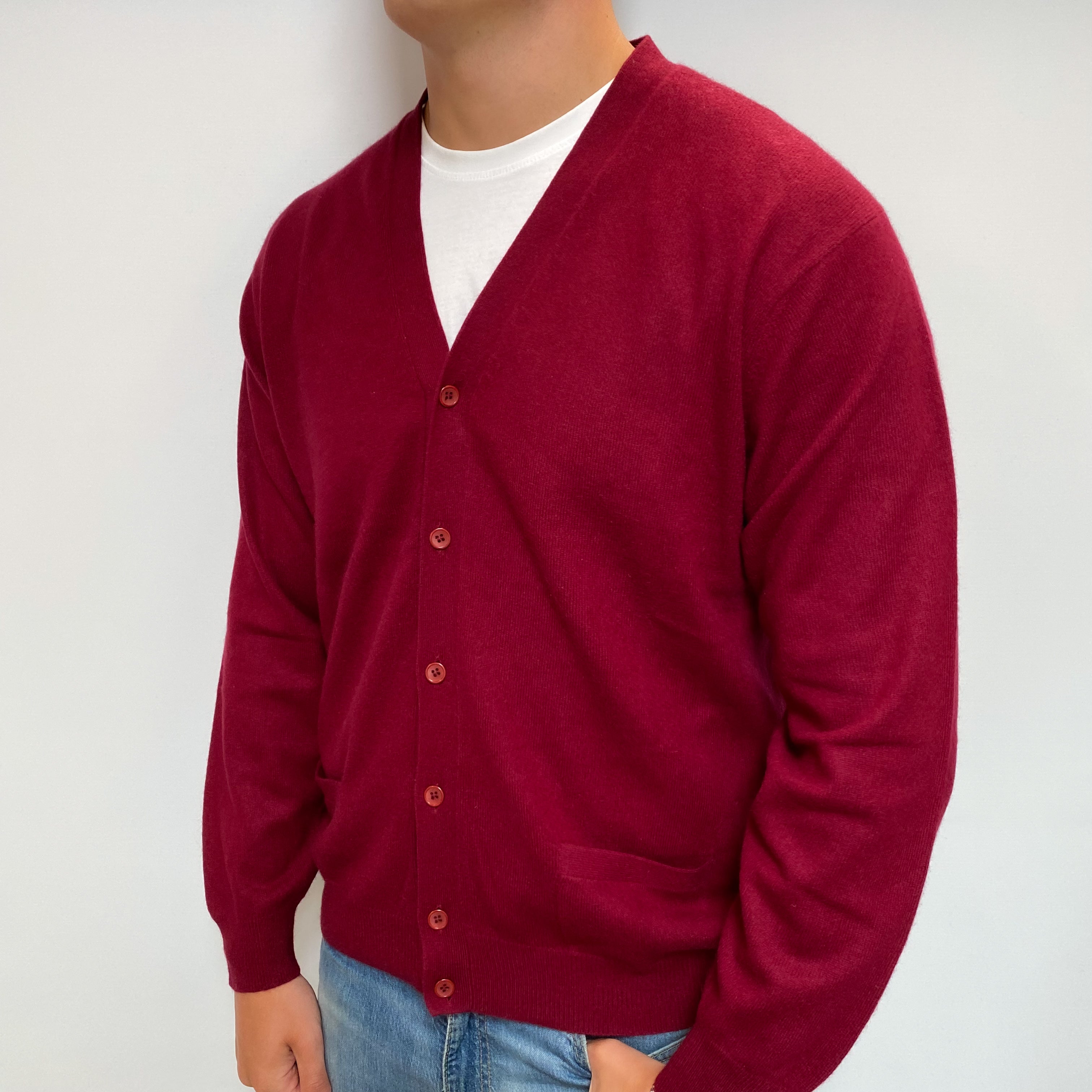 Men's Wine Red Cashmere V Neck Cardigan with Pockets XXL