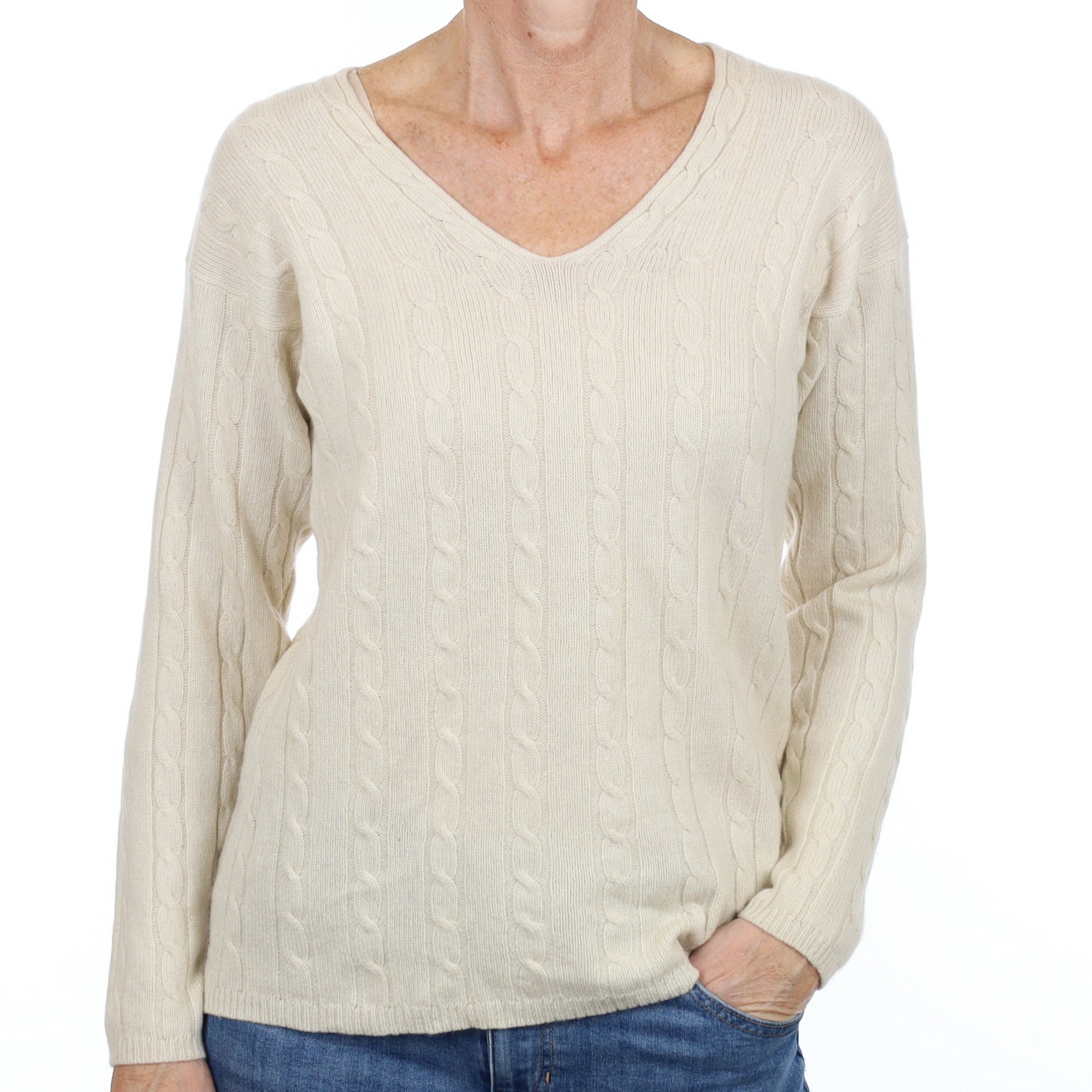 Vanilla Cream Cashmere V Neck Cable Knit Jumper Small